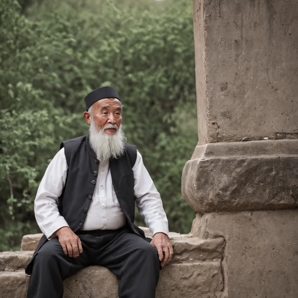 An old Uighur man,Sitting on a stone wall,Beard with a white beard,Wear rain boots。