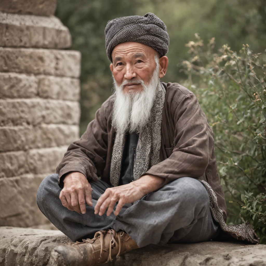 An old Uighur man,Sitting on a stone wall,Beard with a white beard,Wear rain boots。