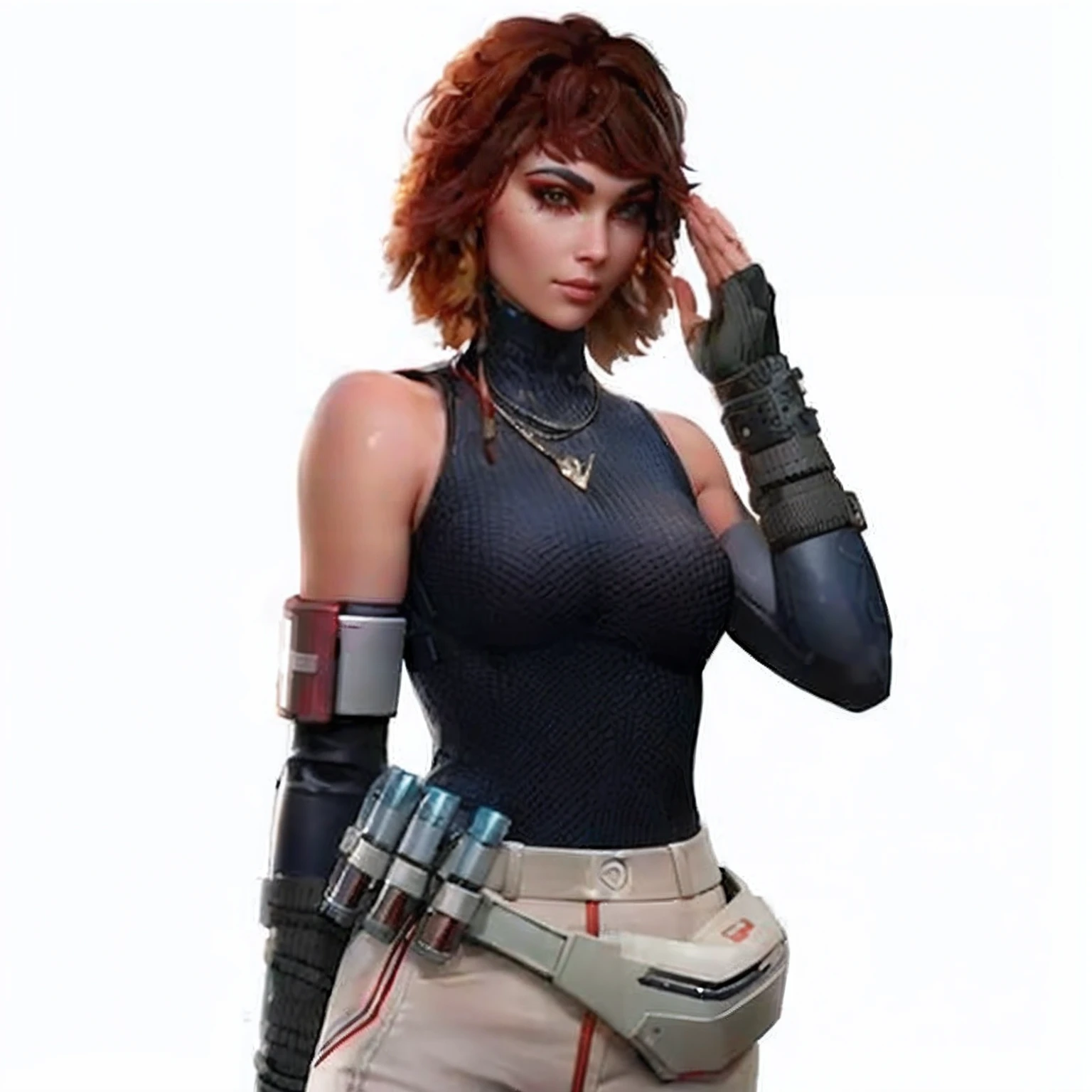 um close up de uma pessoa com uma arma e um cinto, roupa leeloo, Madison Beer como Leeloo, Cyberpunk feminino ruivo, sci fi female character, protagonista feminina, video game character, sci - personagem de fi, render de abril, personagem feminina, Cyberpunk 2 0 e. o modelo ******, Personagem feminina solo, roupa estilo cyberpunk, personagem cyberpunk, OLIVIA FREE FIRE