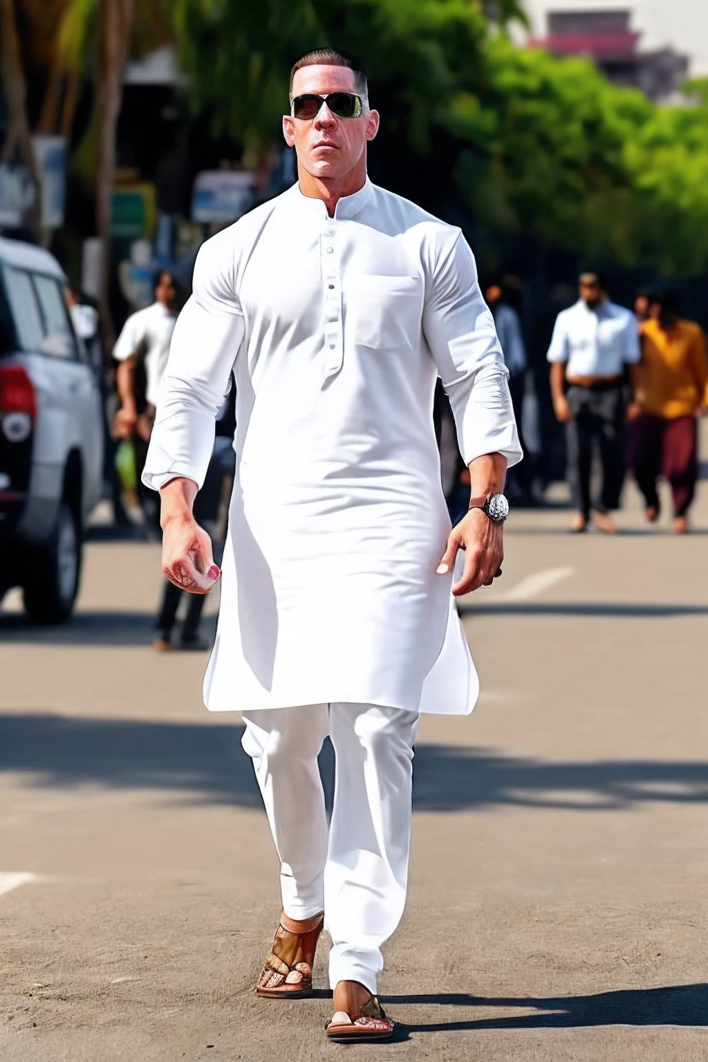 John Cena wearing kurta and walking on Indian Streets, super realistic, realistic face , don't make  it cartoonist