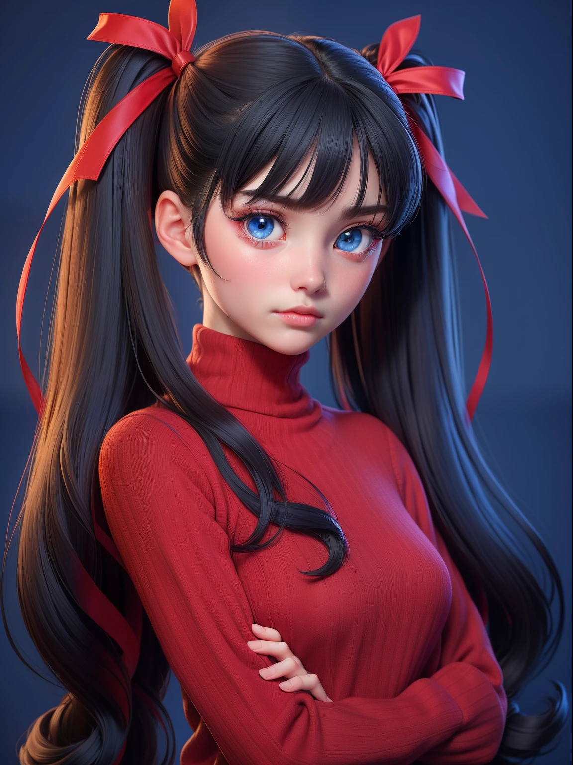 1girl, tohsaka rin, solo, sexy body, long hair, red sweater transparent, looking at viewer, blue background, black hair, simple background, two side up, turtleneck, blue eyes, lips, closed mouth, ribbon, hair ribbon, bangs, upper body, parted bangs, black ribbon, ribbed sweater, twintails, nose,
