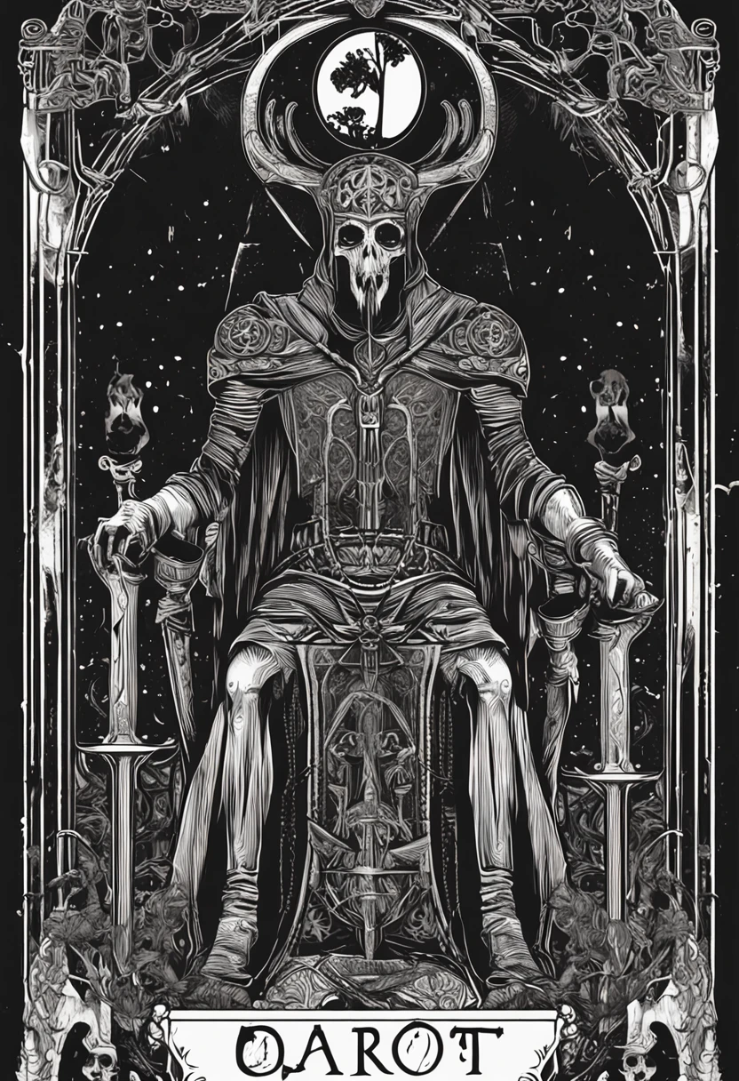 Ancient lich undead, supreme witchcraft, full growth, dark mantle with silver. (((Renaissance)))), hyperdetail, HDR (((Karadashom drawing)))，skeleton head，tarot cards，style de carte de tarot