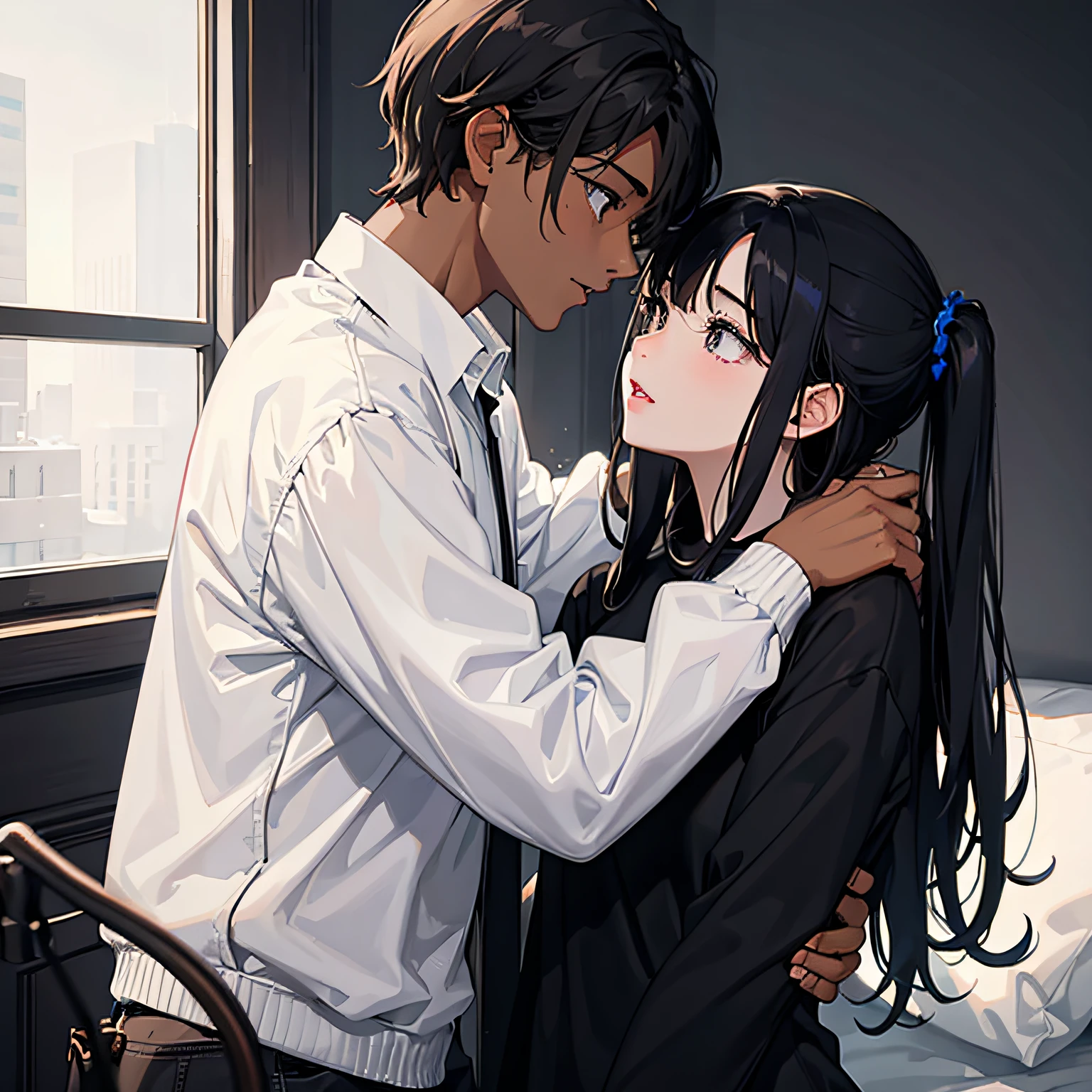 "A couple sitting on a sofa in a living room in an anime scene, anime scene, (Makoto Shinkai inspired), sitting alone in a cafe, TV anime still, Makoto Shinkai inspired. High-resolution (4k, 8k, highres, masterpiece:1.2), ultra-detailed, (realistic, photorealistic, photo-realistic:1.37) representation of the couple, with vivid colors, sharp focus, and bokeh effect. The couple is immersed in a romantic atmosphere, surrounded by soft and warm lighting. The room is beautifully decorated with anime posters and plush toys, reflecting their love for the anime world. The male character has messy black hair and expressive eyes, wearing a casual outfit with a stylish jacket. The female character has long flowing hair and captivating eyes, wearing a cute dress with a sweet smile on her face. The scene is captured from a slightly elevated angle, providing a cozy and intimate perspective. The couple's hands are gently intertwined, showing their strong bond and affection. The room is filled with a soft aroma of coffee, creating a relaxing and enjoyable ambiance. The window behind them showcases a stunning cityscape, with sparkling lights and a beautiful sunset in the distance. The prompt shows their love for each other and their love for the anime world, blending reality and fiction in a harmonious and romantic way."