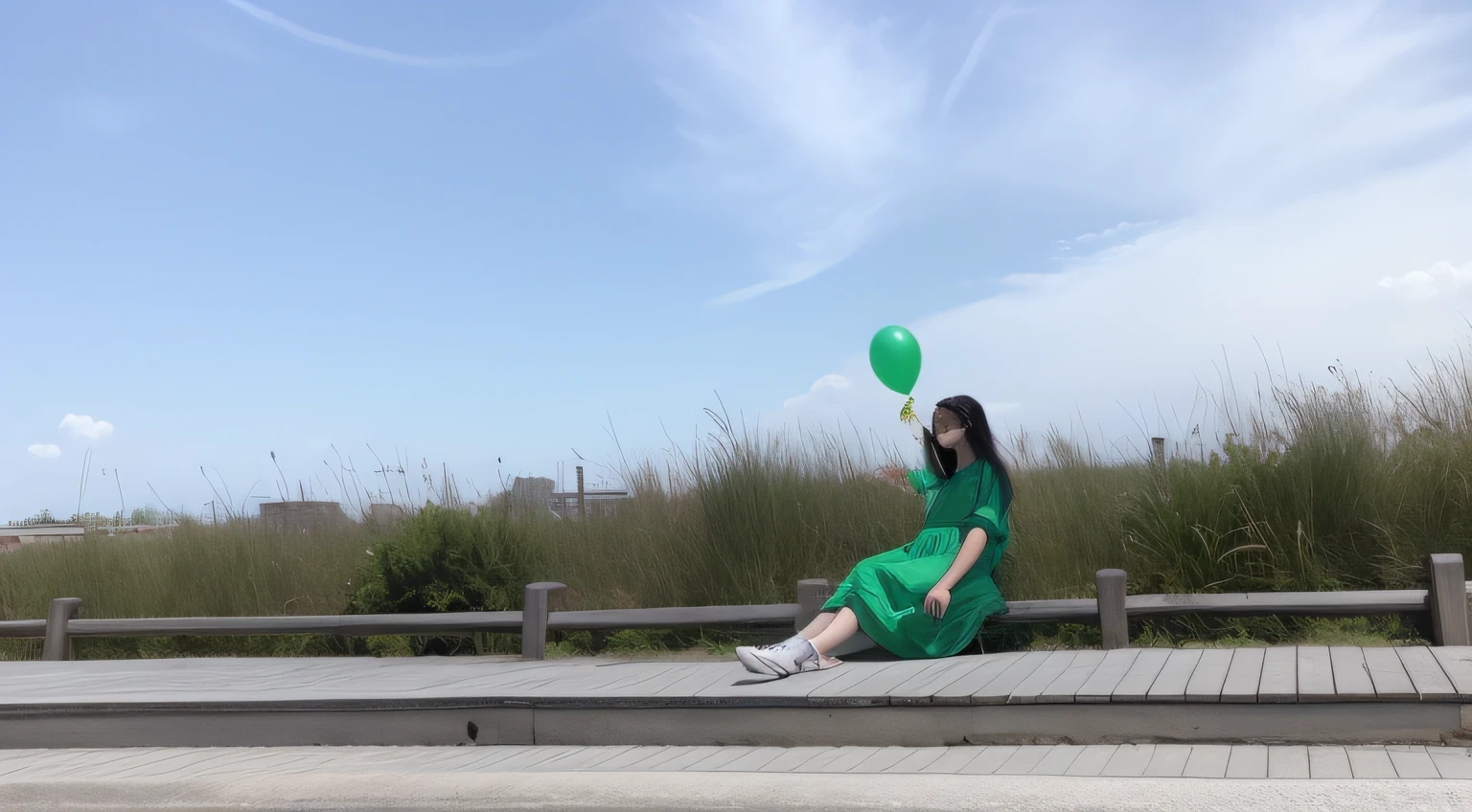 there is a woman that is sitting down on a bench,Holding a green balloon in his hand, Green clothes, shot on canon eos r 5, shot on a Canon EOS R5, wearing green clothing, shot on nikon z9, taken with canon 8 0 d, portrait shooting, shot on nikon d 3 2 0 0, taken with canon eos 5 d mark iv, taken with sony alpha 9