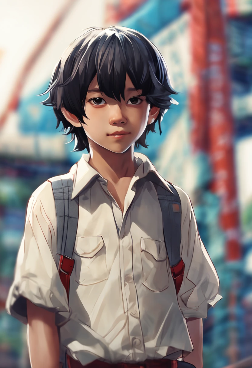 Movie image quality, animation, disney, 10 year old Japanese boy with black Bob haircut, suspenders, blue shorts, white woven shirt