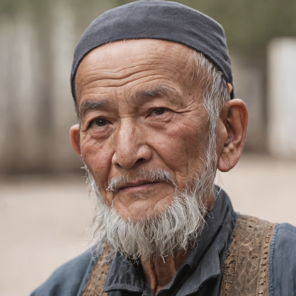 An old Uighur man has a gray beard，Wear rain boots。