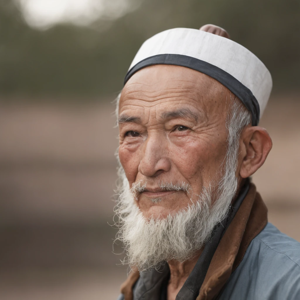 An old Uighur man has a gray beard,Wear rain boots。