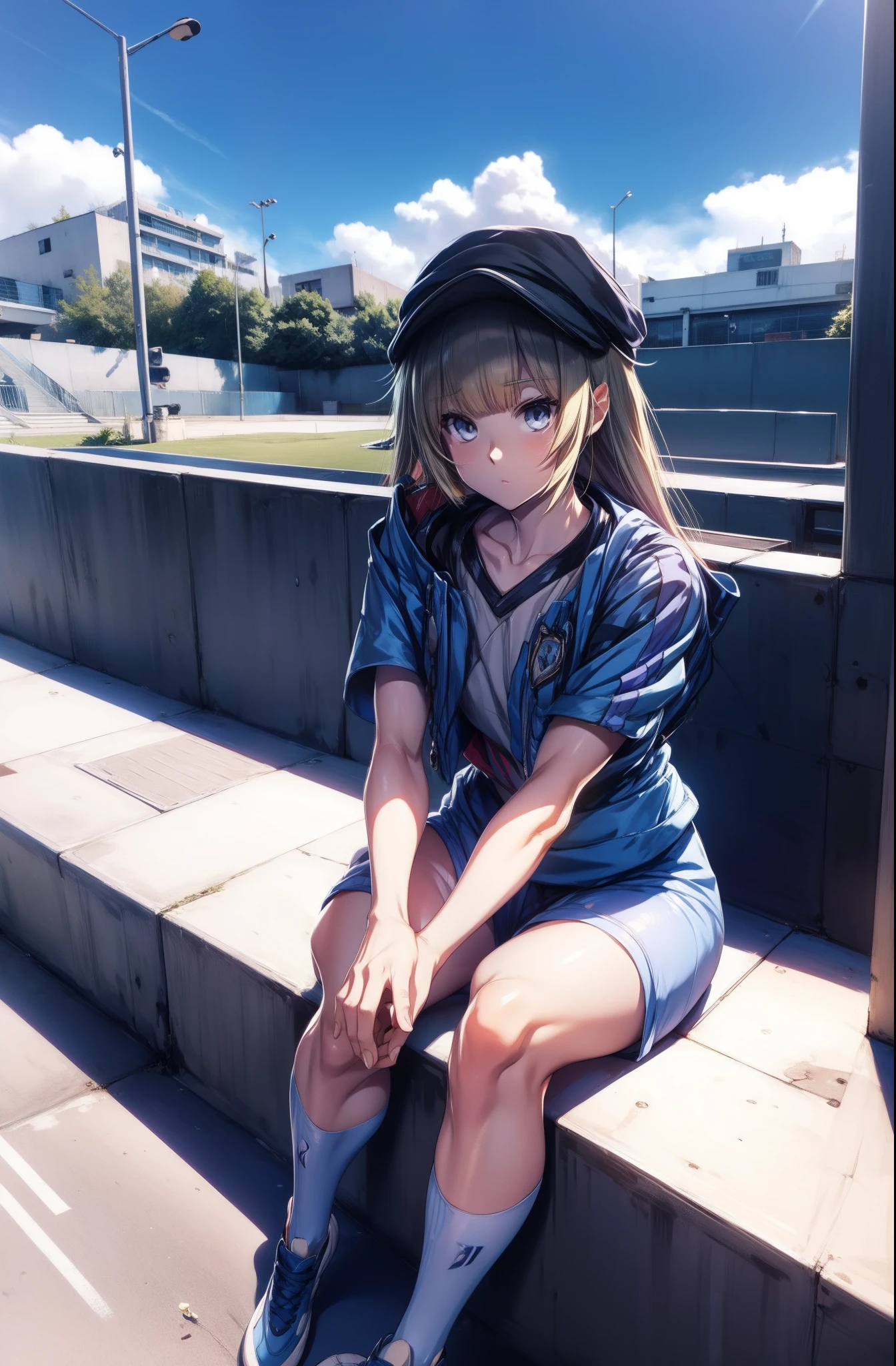 :0,Anime girl sitting on a ledge with a soccer ball in hand, uniforme de futebol,anime moe artstyle,hat, blue jacket,eyewear on head