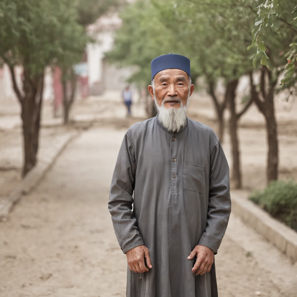 An old Uighur man has a gray beard，Wear rain boots。