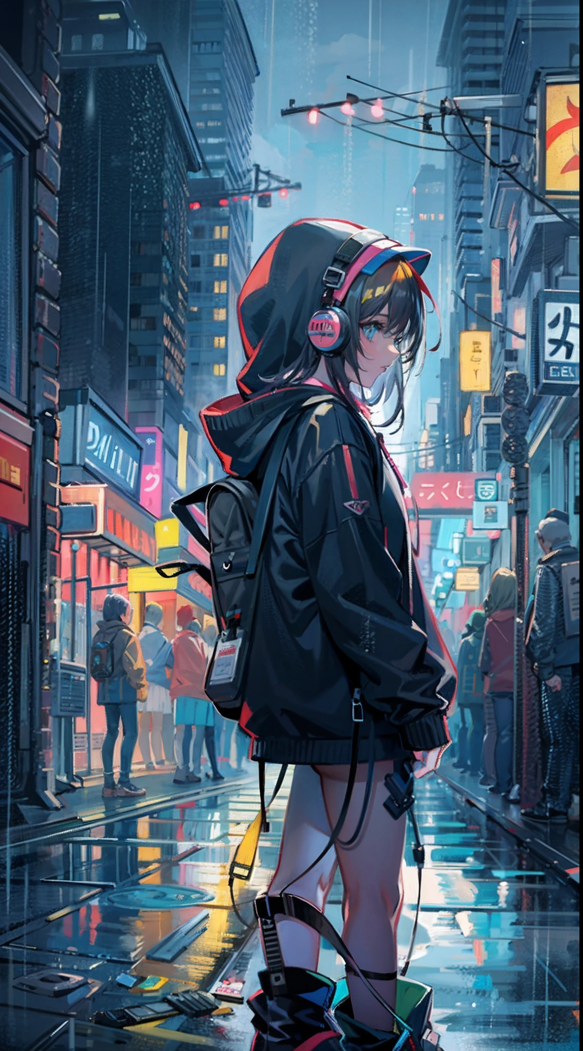 masterpiece, girl alone, solo, incredibly absurd, hoodie, headphones, street, outdoor, rain, neon,