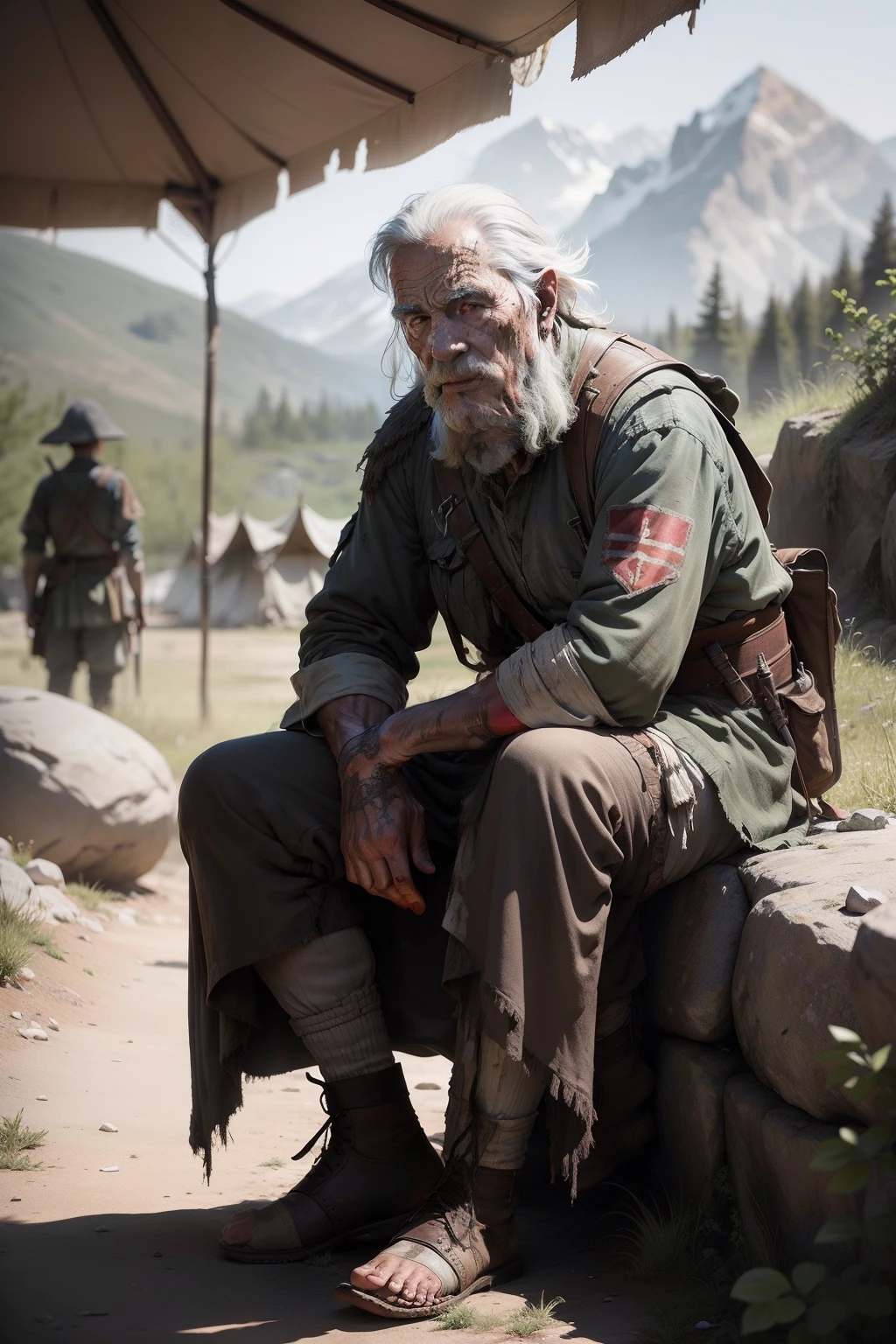 An elder warrior, dirty, sitting on a rock at the end of a great war looking shadows at camp