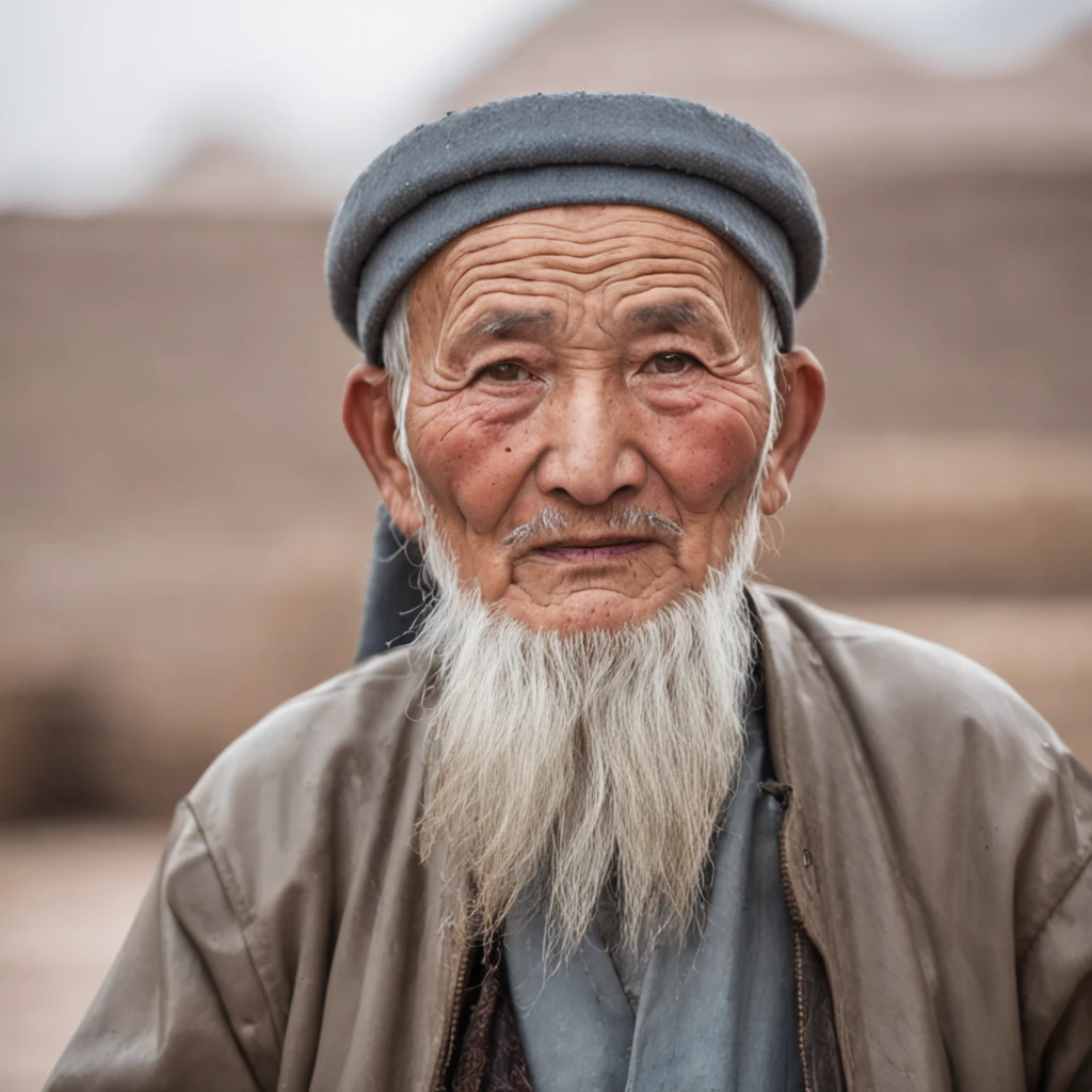 An elderly Uyghur wearing rain boots，Gray-bearded Uyghur elder