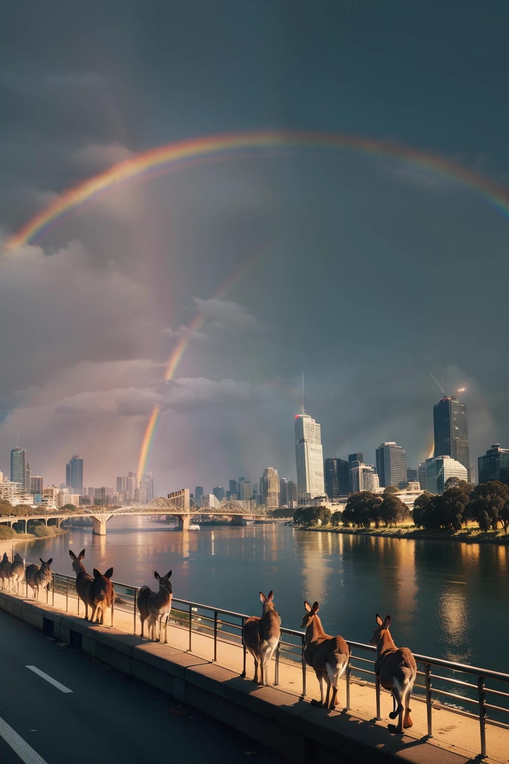 Wide cinematic shot of a herd of 4 kangaroos facing the camera standing in foreground, background of a busy highway next to a river, full of cars, warm colours, cinematic colours, tall skyscraper in the middle of Melbourne city with river in background looking at the camera curiously, (((wide shot))), (((cars driving in background))), beautiful sunset in background, overcast, (((rainbow))), 4 standing Kangaroos, skyscrapers, river in the background, beach, (((greenery))), (((golden sparkles))), beautiful scenery, Melbourne city, (((Melbourne Cricket Ground in background))), (((Melbourne skyline))), buildings, city skyline, vibrant sky, (((subject: a herd of 4 kangaroos standing in front of highway looking at the camera))), (((cinematic photo))), epic, hyper realistic photo, 8k render, curious animals, overcast, (((herd of kangaroos))), rainbow in sky, MCG, candid photo, Aussie, city life