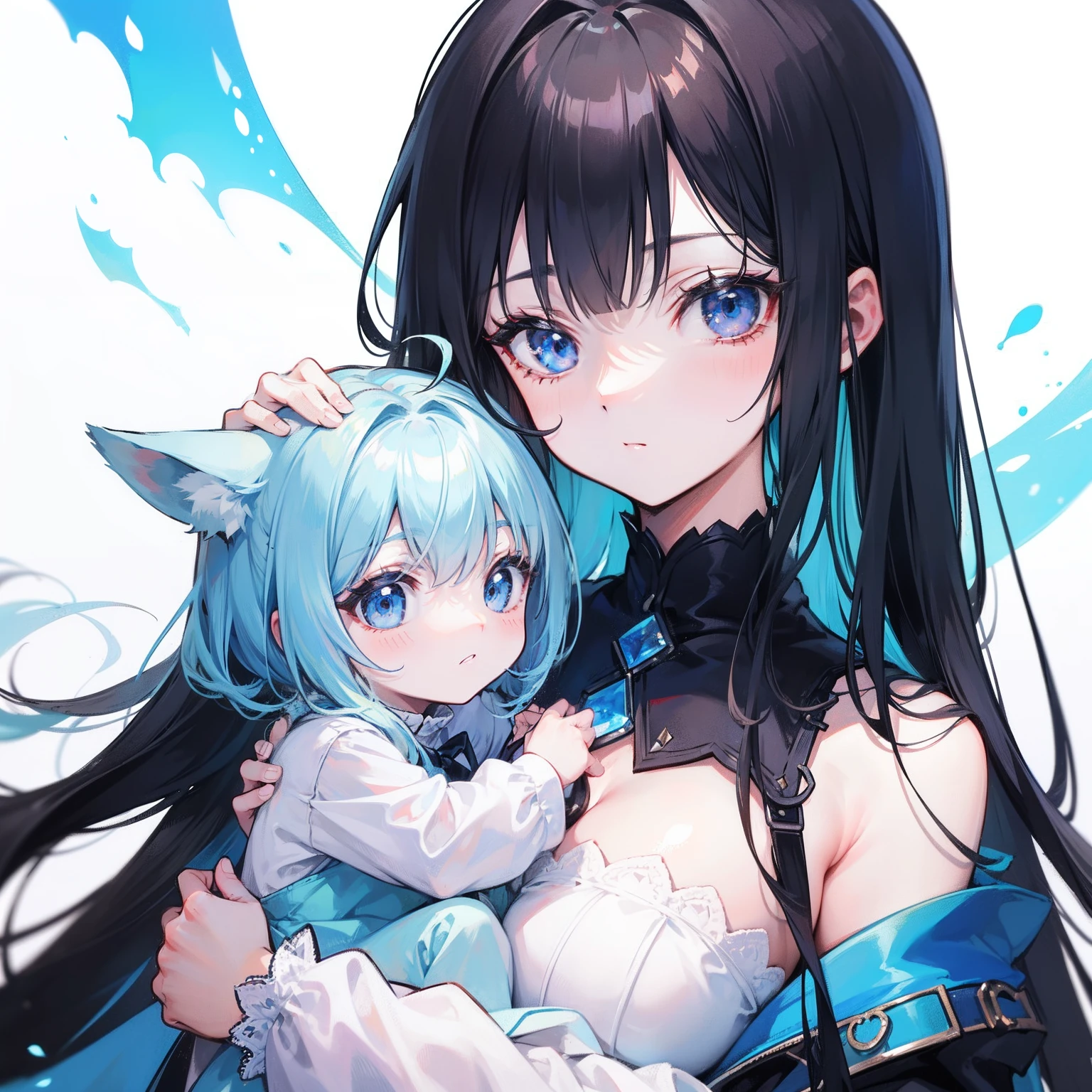 A dark-haired、Bang、bangss、Inner color is blue、Medium long、Wolfcut、Holding the baby