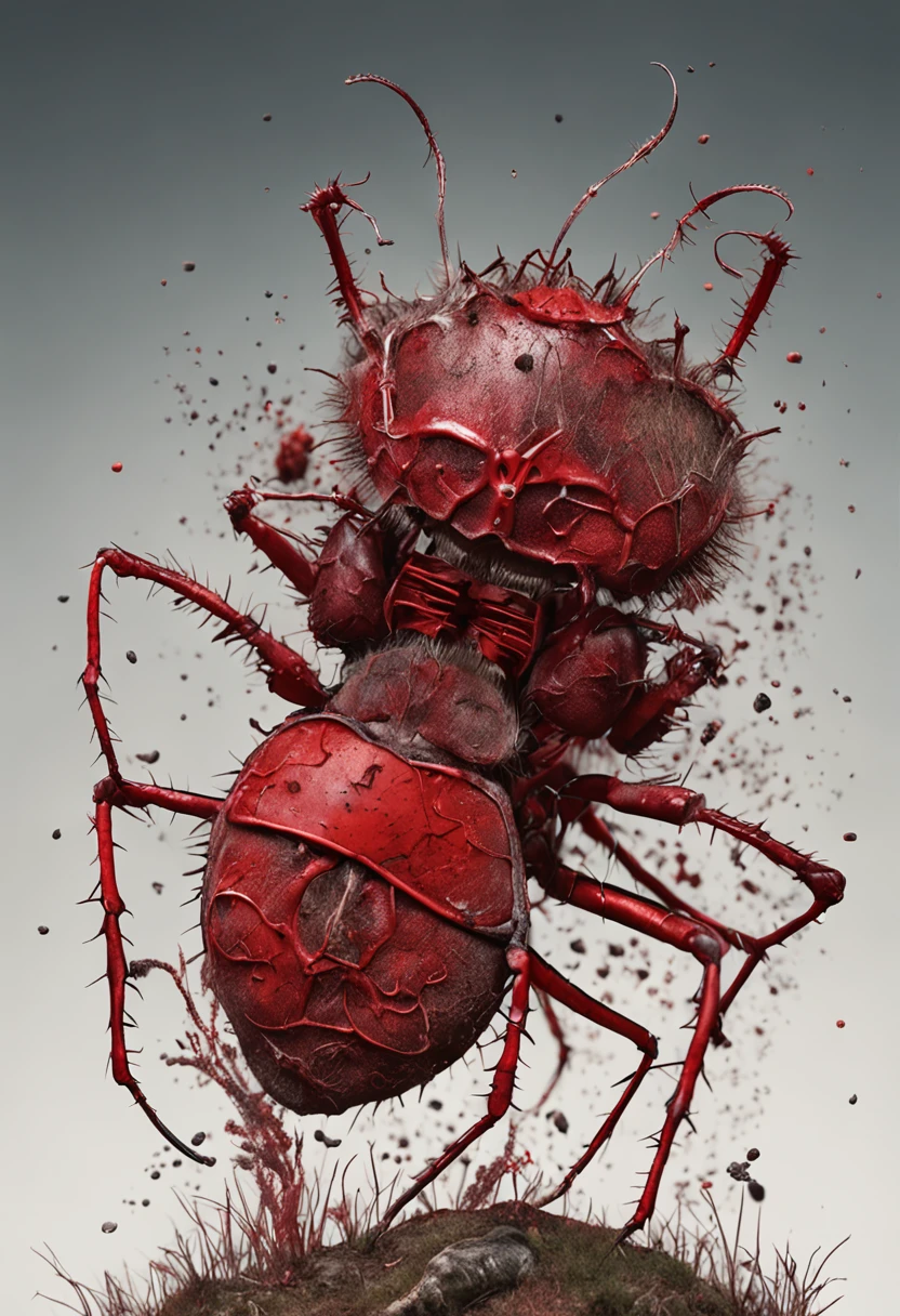 A red queen stands on a hill made up of ant carcasses,Blood stains all around,ultra - detailed, biological photo, finely detailed illustration