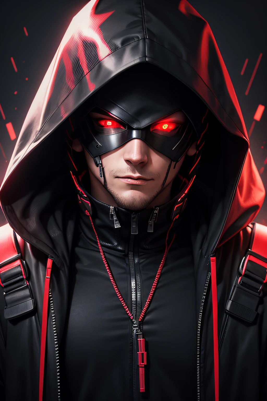 male character, hooded, cyberpunk, neon red eyes, mask, close up, show mouth, dark