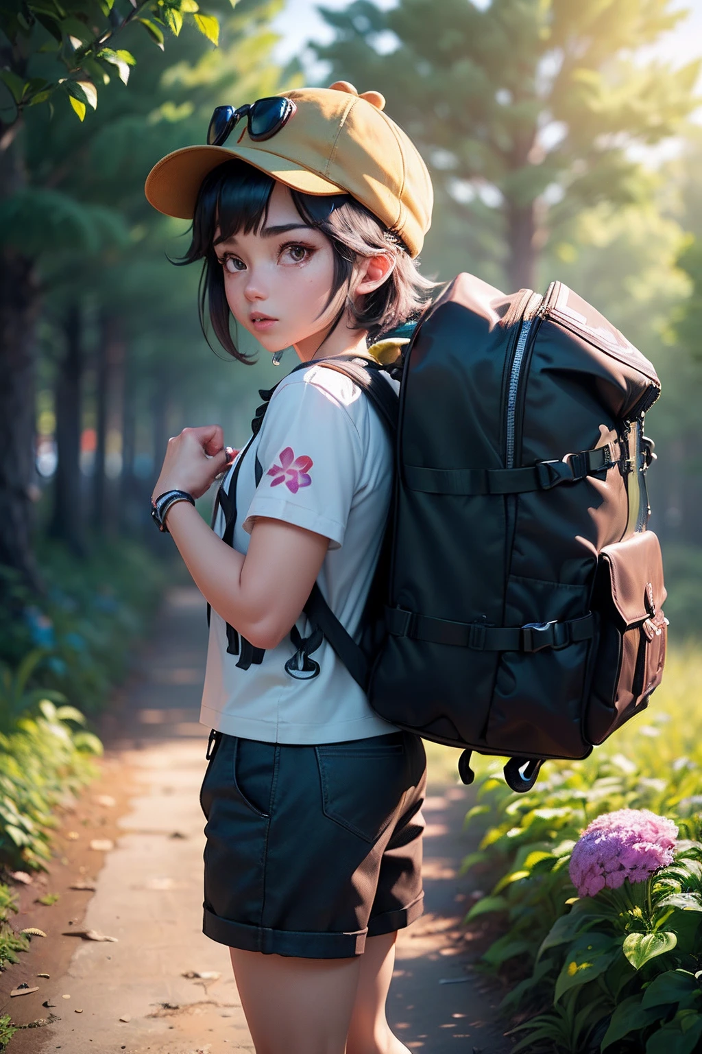 There is a poster,It features a cartoon character wearing a hat and a backpack,Libido boy,Walk in the wilderness,Jungle of flowers and plants,Animation-style rendering,cute 3 d render,Small characters。Unreal Engine5,Stylized anime,Cute and detailed digital art,Atey Ghailan 8 K,Stylized 3D rendering,adventure hyper realistic render,Anime style 3D,Stylized 3D rendering