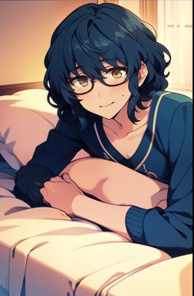 young girl, young girl with  short hair, light blue hair stroke, glasses, golden eyes, young girl , wearing a black pajama, frown, blush, solo girl, dark blue hair, wavy short hair, tousled hair, solo girl, girl focus, 1girl, flat girl, blushing, crying, tears, tummy ache, holding tummy, hand on tummy,
