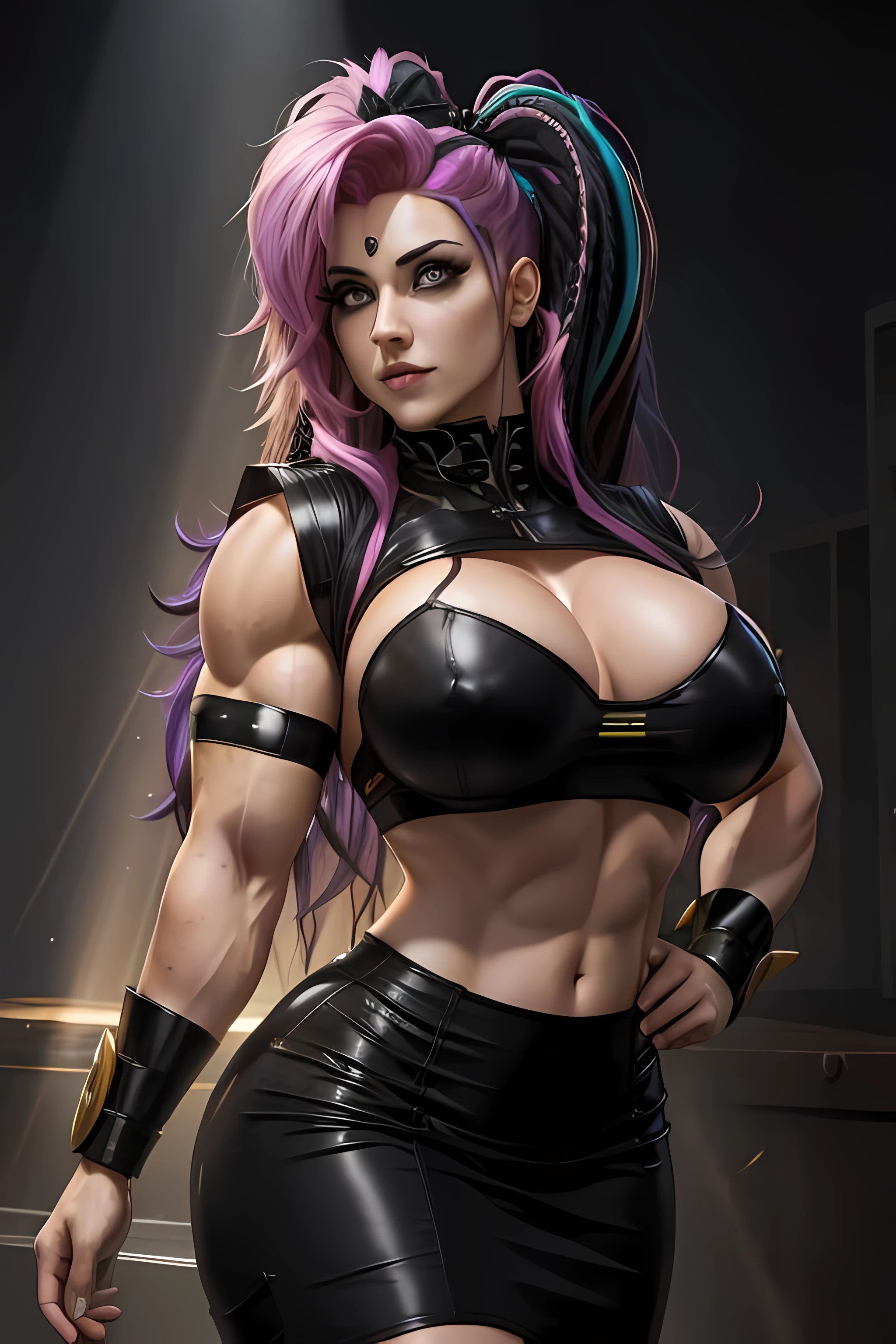 vivid hair, pencil skirt, blouse, light rays, god rays, muscular, realistic, huge breasts , cybergoth,