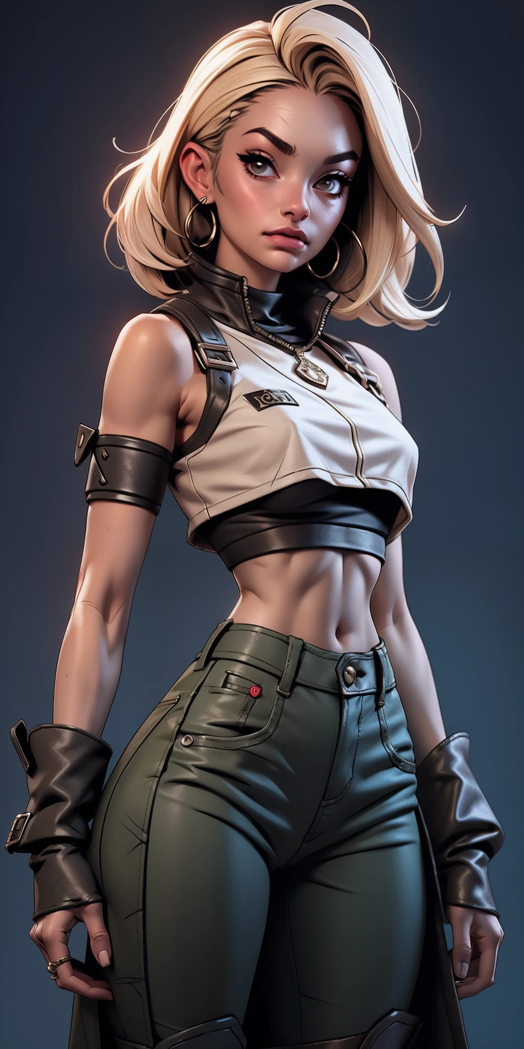 Uma Kizi jovem com cabelo bagunçado ruivo, (((police suit))), (((sexly police))), (((police cosplay))), (((wide garter belt and stockings 3/4))), (((wearing futuristic sunglasses))), (((Police cap))), (((wearing pleated leather mini skirt))), crop top with belly showing and a leather jacket, (((best qualityer))), (((manga strokes))), dramatic camera angles, design mixing contemporary and retro by Shepard Fairey, (((cowboy shot))), (((best qualityer: 1.4))), (Unbeatable masterpiece), (hiper HD),(CG 8k hyper-realistic), Kizi, (((standing alone))), pirralha violent, ((())), sexly, pose de atitude, work of art, post-apocalypse, (((manga style))), bounty hunter, violent, Manic, the way you want, sarcastic smile, slenderbody, thin but strong, perfectbody, roupa moderna, advanced technology, neon, sleeves with vertical striped pattern, neutral background, (( cowboy shot )). intricate visual