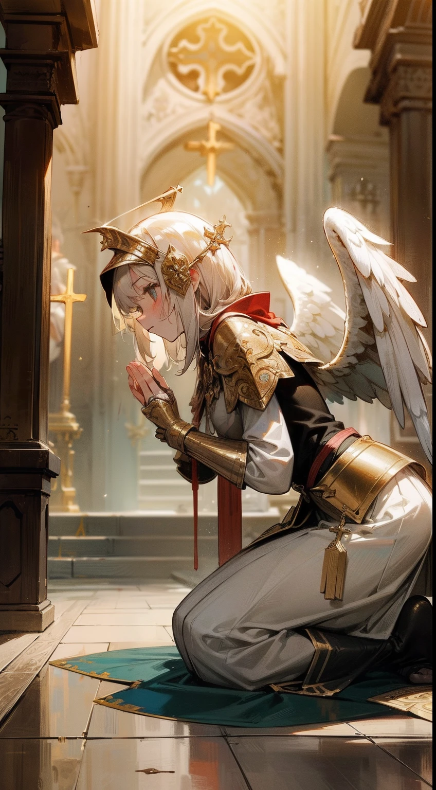 a knight angel kneeling and praying, 1girl, (perfect face), expressive eye,blood,blod in the floor,, from side, mediaval, armor, detailed, god, divinity, (masterpiece), best quality, wallpaper, 4k, artistic, holy,divine, kneeling, golden, traced lights, ((temple,acient ,architecture)), contrast, helmet, 1angel girl, wings, holy, alone, sorrow, solo, prawing, cute, particles, magic, cross, altar, chantry, from far, red, gold