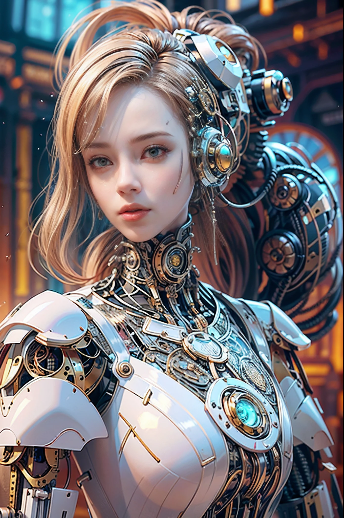 complex 3d render ultra detailed of a beautiful porcelain profile woman android face, cyborg, robotic parts, 150 mm, beautiful studio soft light, rim light, vibrant details, luxurious cyberpunk, lace, hyperrealistic, anatomical, facial muscles, cable electric wires, microchip, elegant, beautiful background, octane render, H. R. Giger style, 8k, best quality, masterpiece, illustration, an extremely delicate and beautiful, extremely detailed ,CG ,unity ,wallpaper, (realistic, photo-realistic:1.37),Amazing, finely detail, masterpiece,best quality,official art, extremely detailed CG unity 8k wallpaper, absurdres, incredibly absurdres, robot, silver halmet, full body, sitting