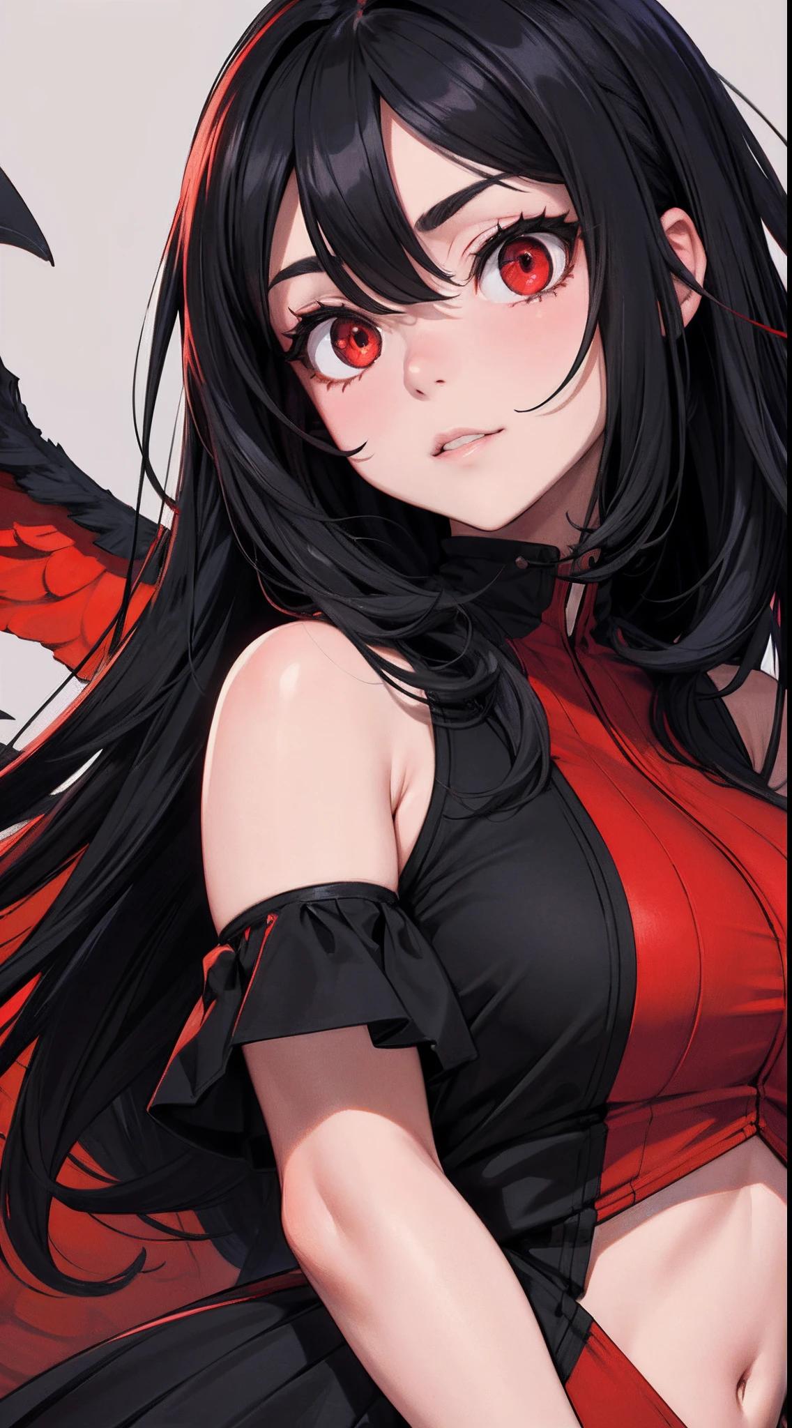 1girl, shaded face, looking at viewer, black hair, red red eyes