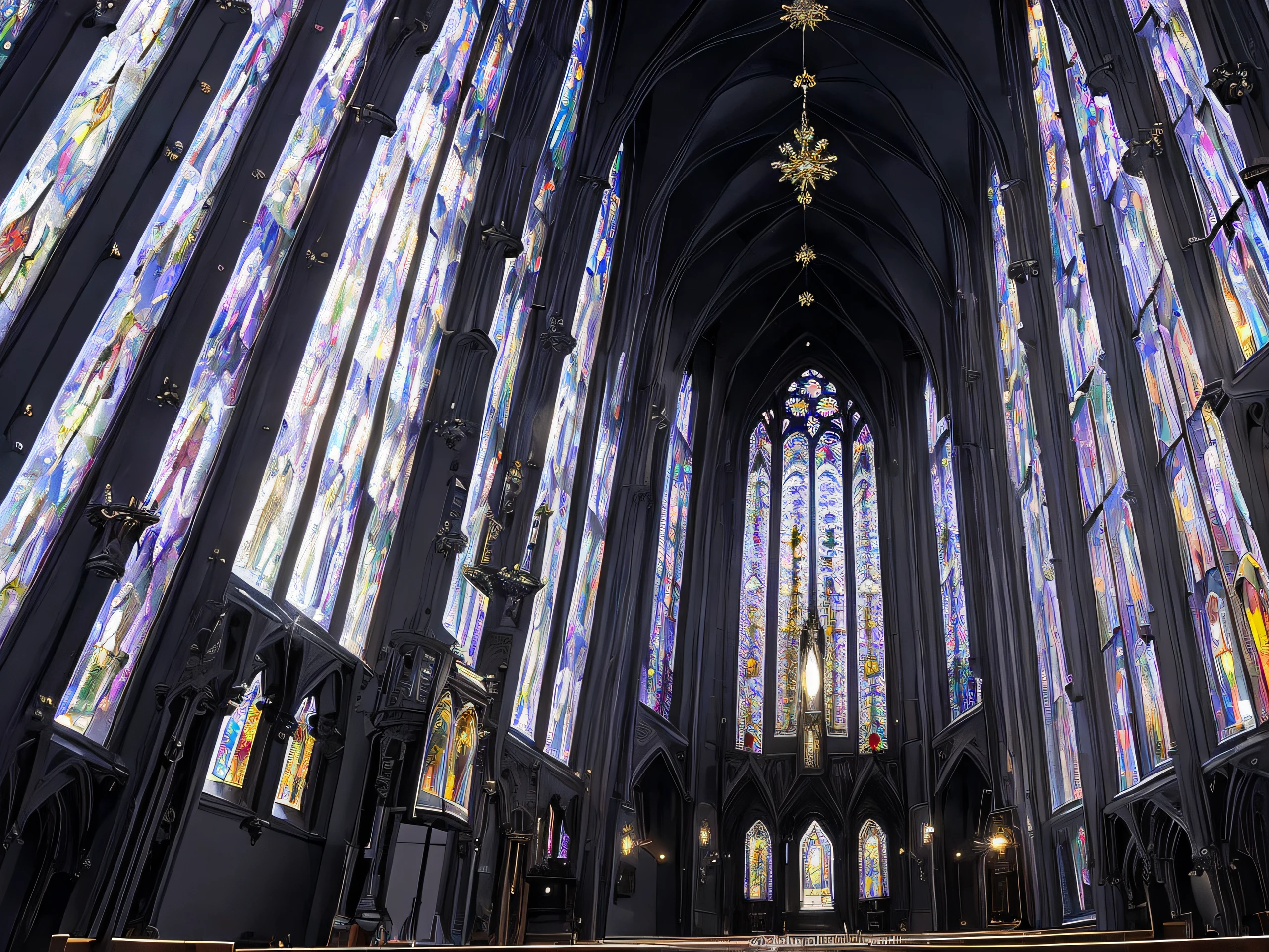crystallthings, glass, crystal, ((best quality)), ((highly detailed)), masterpiece, a church with a light shining through the windows, gothic interior, gothic church background, gothic stained glass style, dark gothic cathedral, gothic stained glass style, dark gothic cathedral, glowing stained glass backdrop, dark majestic ornate great hall, gothic cathedral,