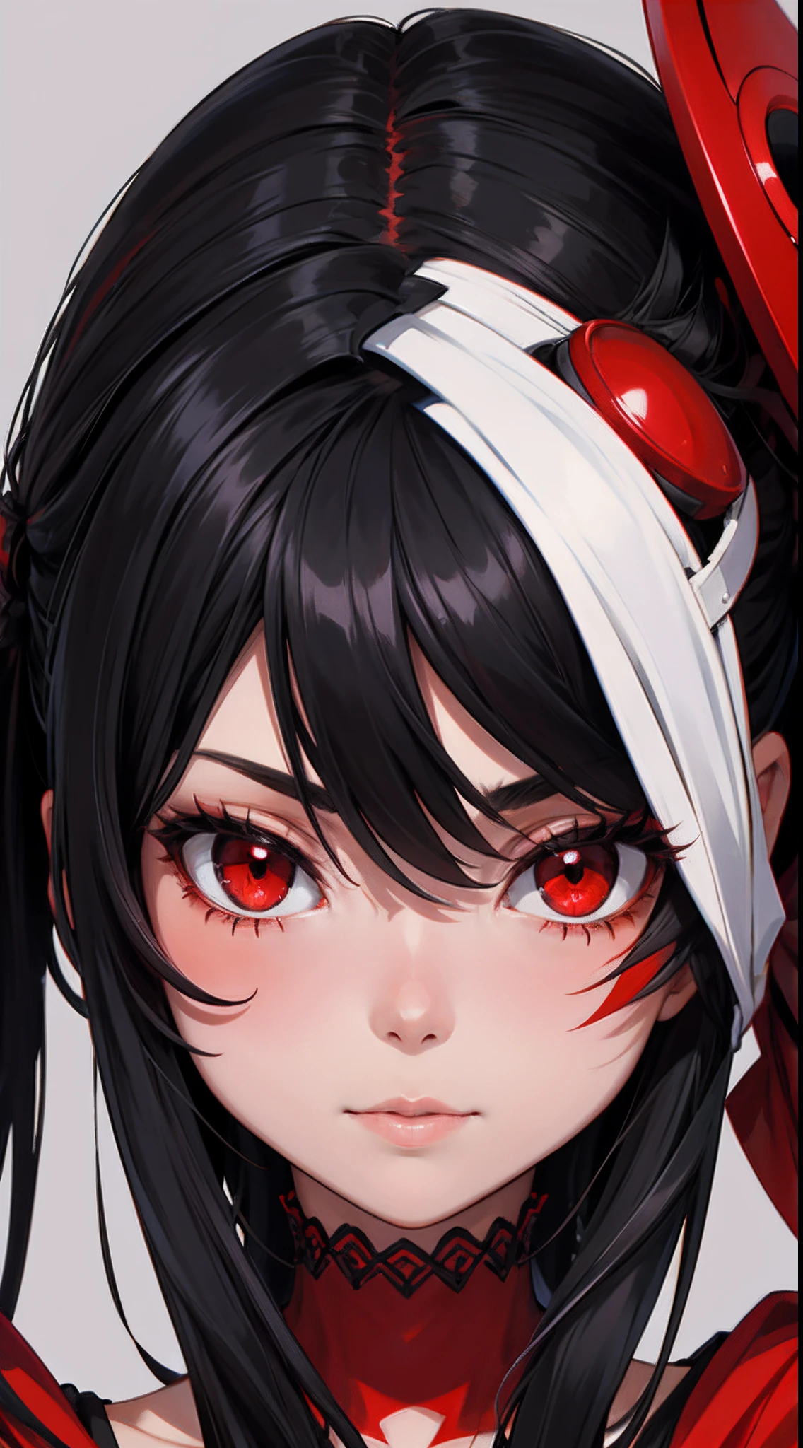 1girl, shaded face, looking at viewer, black hair, red red eyes