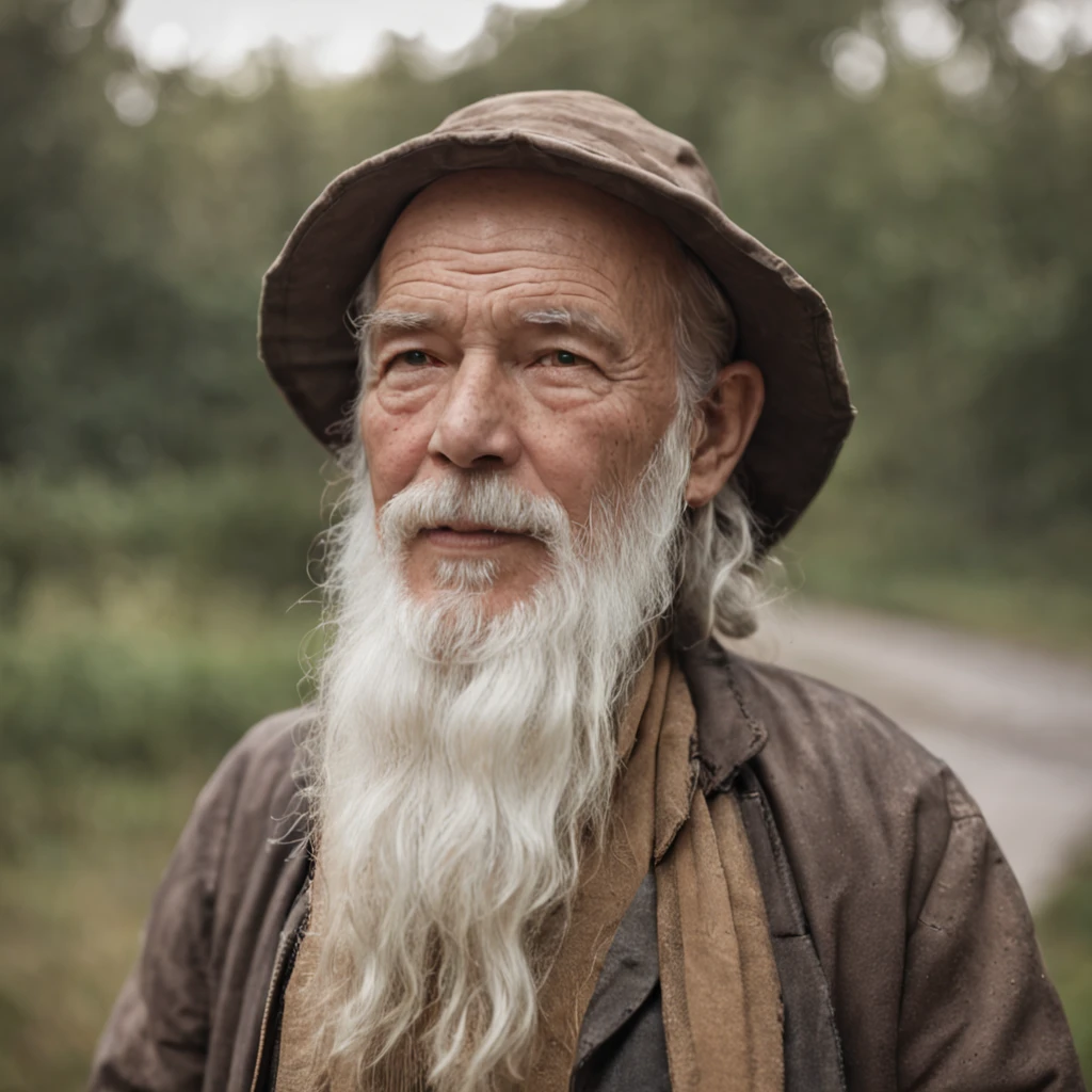 An old man with a white beard，In wearing rain boots