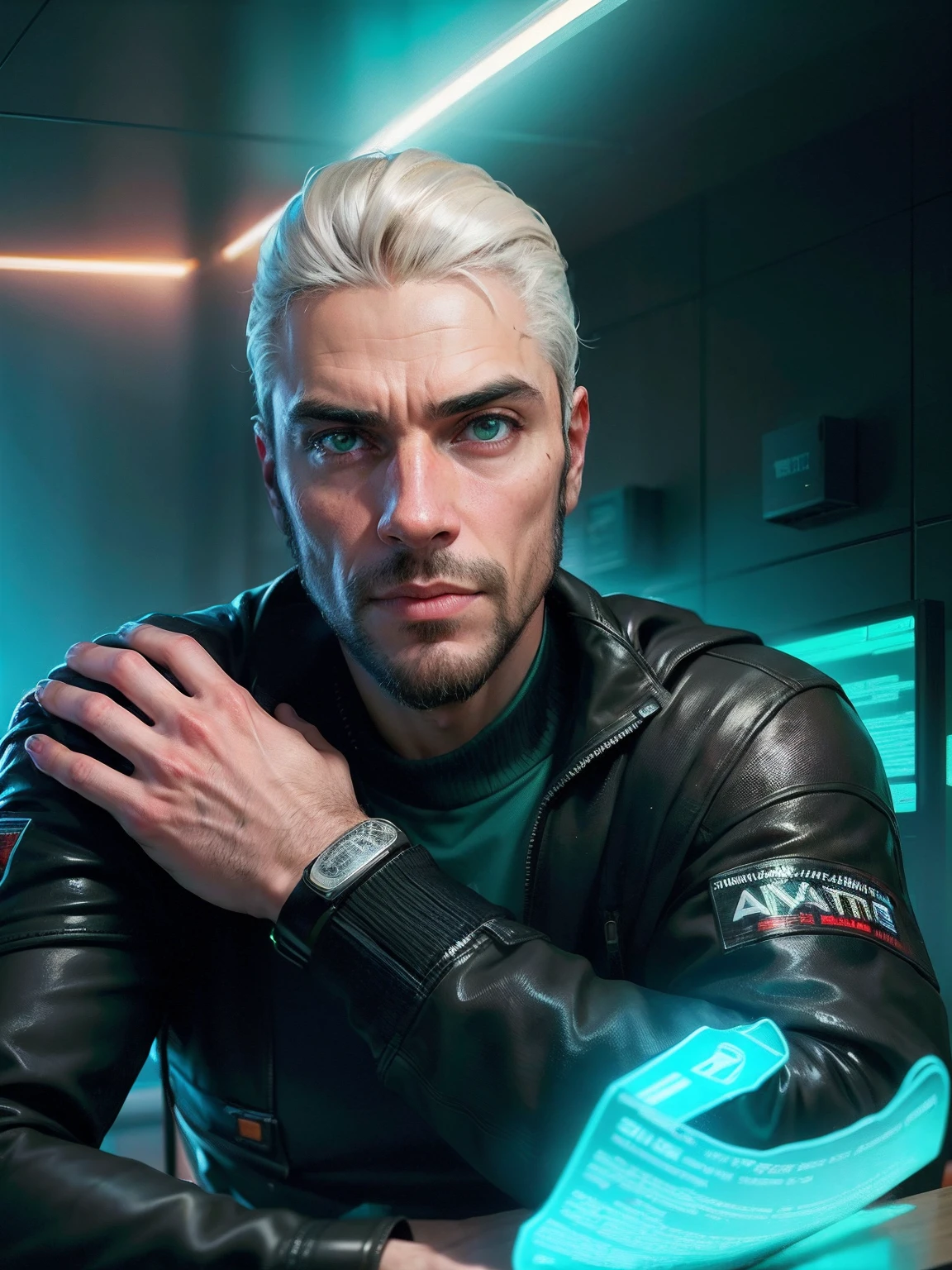There is a man sitting at a table with his arms crossed, mid-transformation, original traits, homem jovem, retrato estilo cyberpunk, futurista (neon: 1.1) desgaste reflexivo, scientific fiction. artgern, arte, illustration,