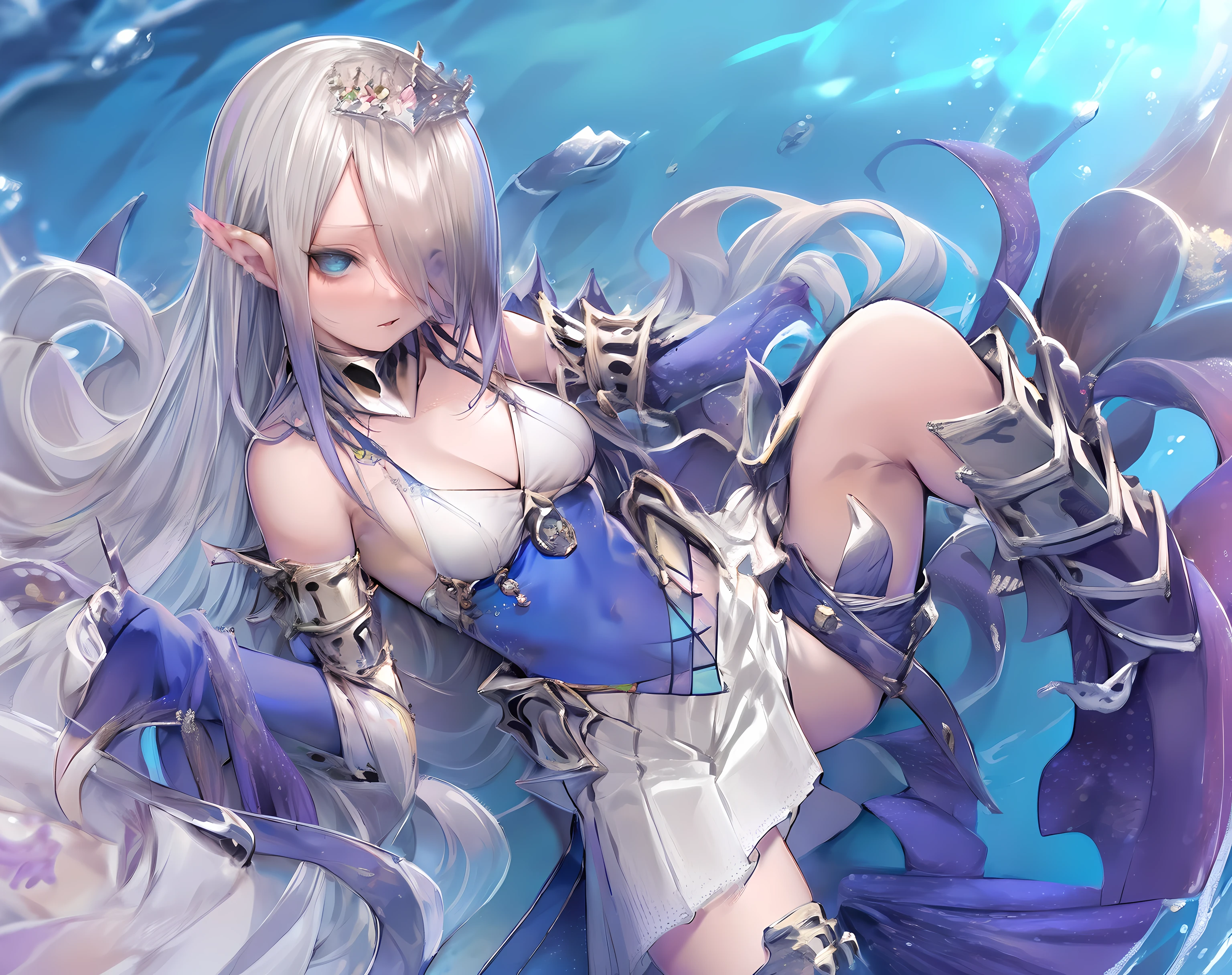 ((masterpiece)), ((Top image quality)), ((Hi-Res)), ((Ultra detailed CG unified 8k wallpaper)), 独奏, 遊戯王!、Tiarament、length hair、blue eyess、Hair above one eye、white hair、skirt by the、s Armor、breastsout、hairarmpits、tiny chest、Covered navel、tiarra、pointy ear、mare ((best ratio four finger and one thumb)),mare、The Light Shines、playing in the water,Under the sea、Swim
