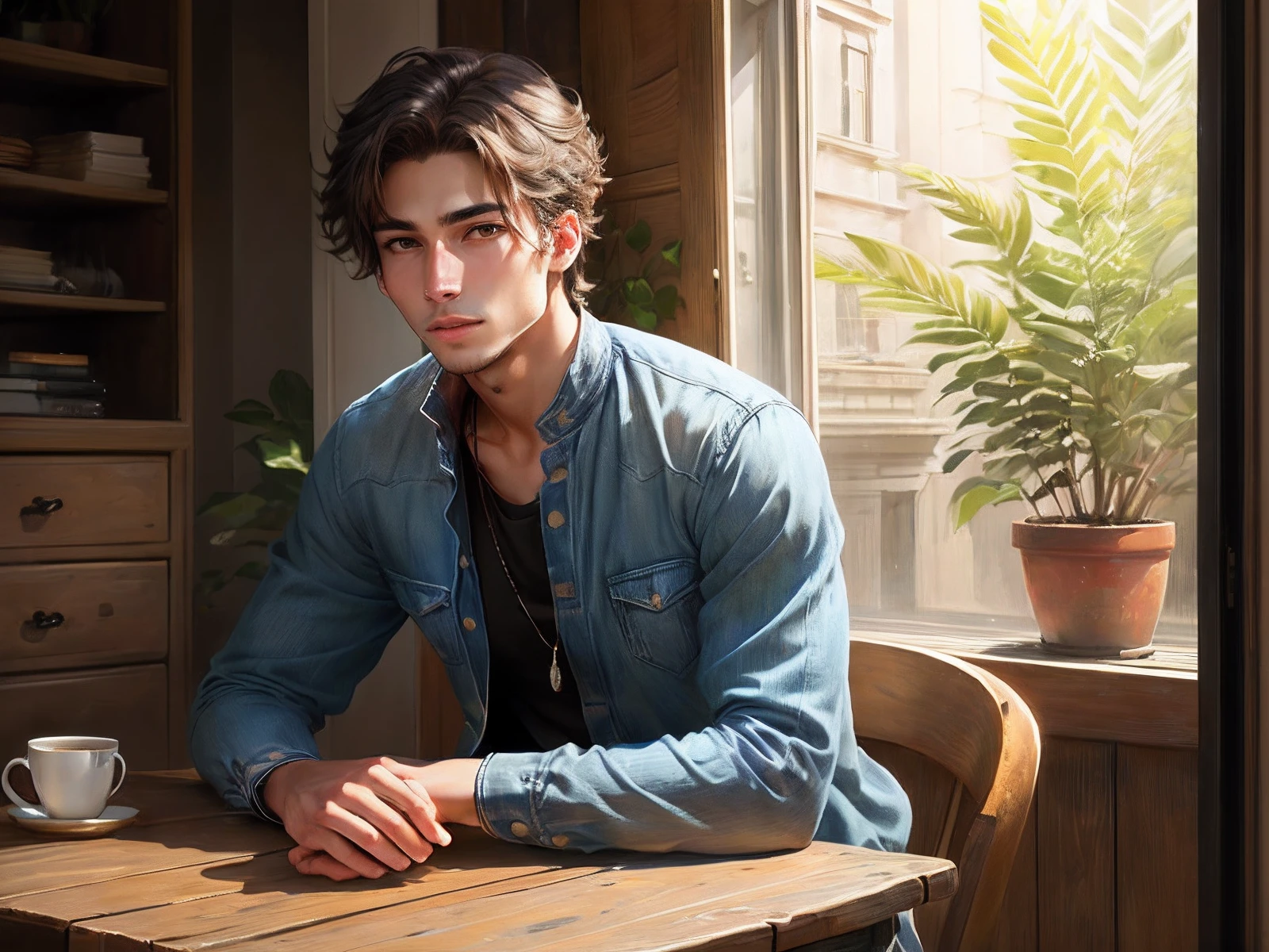 A handsome young man, tall and strong body, short brown hair, deep eyes, slightly melancholy, wearing a simple and generous casual clothes, the loneliness and sadness in his heart are overflowing, he sits at the wine table on the side, drinking alone, without background, comics, illustrations --auto --s2