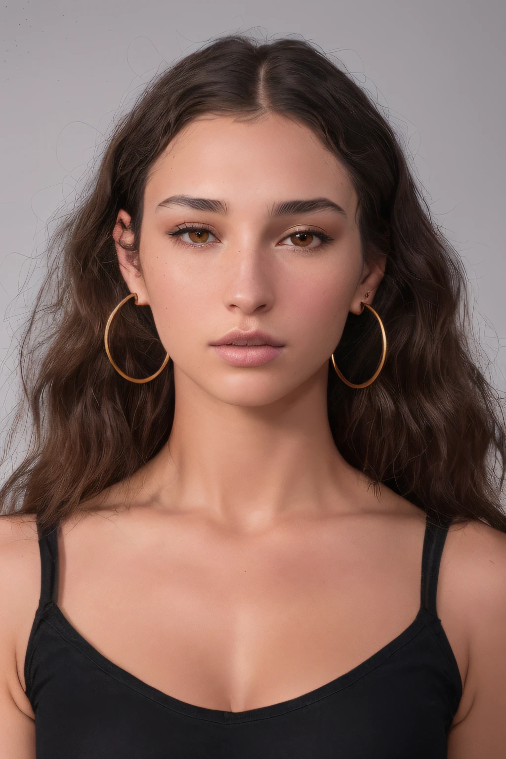 arafed woman with long brown hair wearing a black top, gold hoop earings, hoop earrings, big hooped earrings, giant earrings, big earrings, portrait sophie mudd, huge earrings, thin round earrings, long earrings, neck rings, soft oval face, 2 4 year old female model, full face and body portrait, nose ring, earrings, RAW, (brown hair with extra long wavy), ((detailed face)), ((detailed facial features)), (fine detailed skin), pale skin, moist, damp, reflection, (masterpieceShot with Canon EOS R5 (detail) (Realistic photos) (Detailed details) 50mm lens, f/2.8, HDR, (8k) (wallpaper) (cinematic lighting) (dramatic lighting) (sharp focus) (complex), RAW photography, RAW photography, gigachad photography, camera pose, black jeans, back arm, 8k uhd, dslr, high quality, Grain Film, Fujifilm XT3, Film Stock Photo 4 Kodak Portra 400 Camera F1.6 Lens Rich colors Ultra-realistic textures Dramatic lighting Unreal Engine Art Station Trends Cinestill 800 Tungsten, Toughboy Style, Ultra Focus Face, Intimidating, Fighting Position, Short Messy Hair, Muscles, Bursting Veins, Beads, (( off-shoulder crop top)),