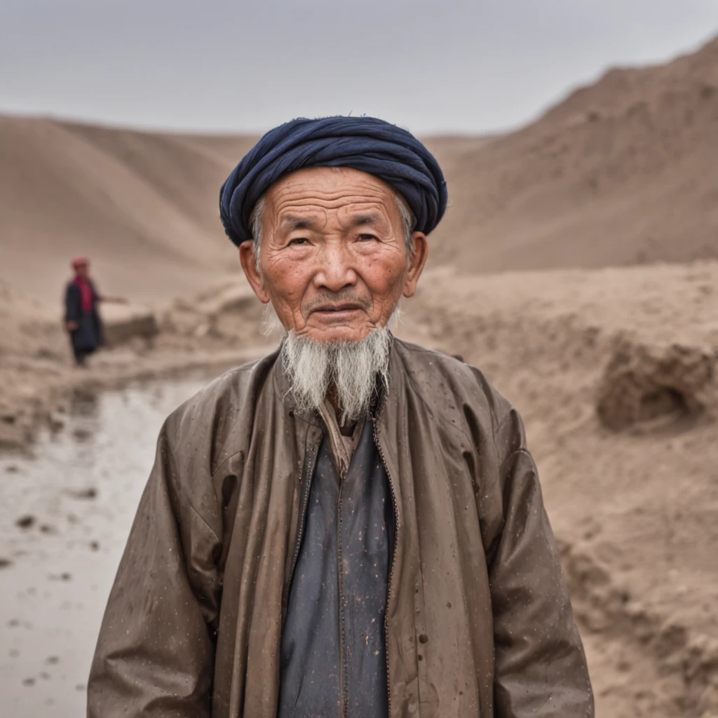An old Uyghur man wearing rain boots
