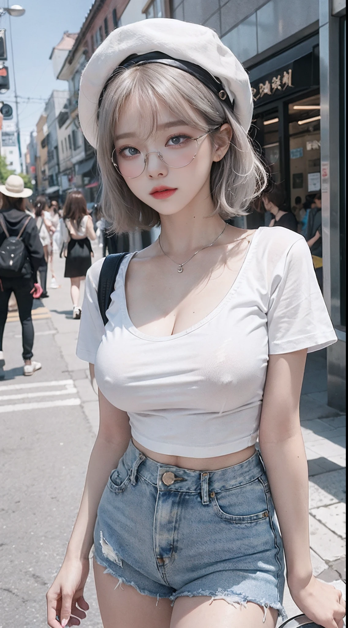 Top image quality、Raw photography、超A high resolution、18-year-old Korean、Glasses beauty、Colossal tits:1.5、cleavage of the breast:1.5、fair white skin、shiny white skin、(short bobbed hair)、((bright silver hair、bright white hair))、Beautiful eyes with random colors、very thin lips、beautiful eyes finely detailed、elongated eyes、pale pink blush、long eyeslashes、Beautiful double eyelids、eyeshadows、耳Nipple Ring、(Fashionable glasses、white tee、denim short pants、Beautiful legs、Attractive thighs)、street snap、Hat with brim、looking-down、taken from the under