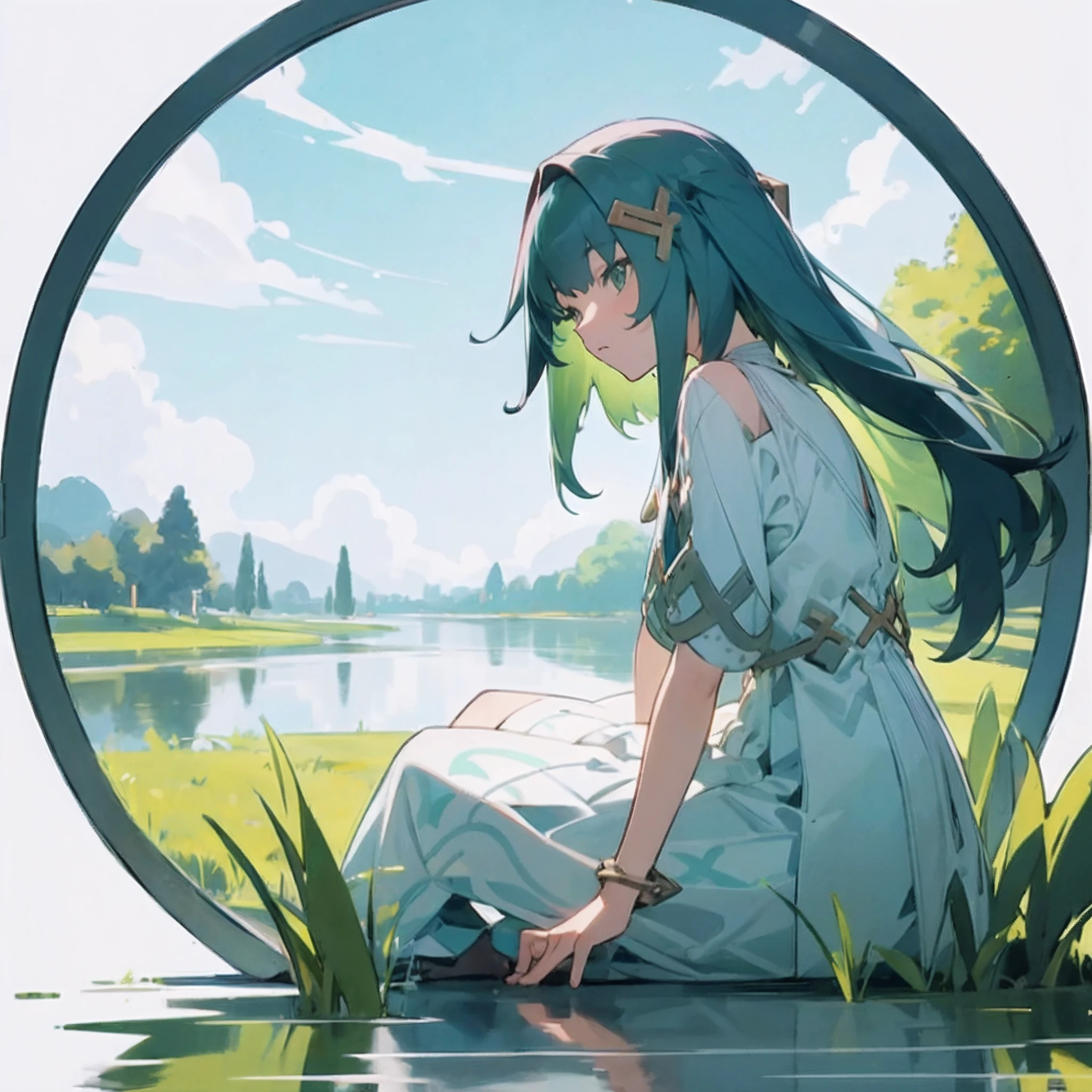 green fields pattern, white background, casual outfit, facing sideway, sitting, inside in the circle in the middle, long hair, water reflection,