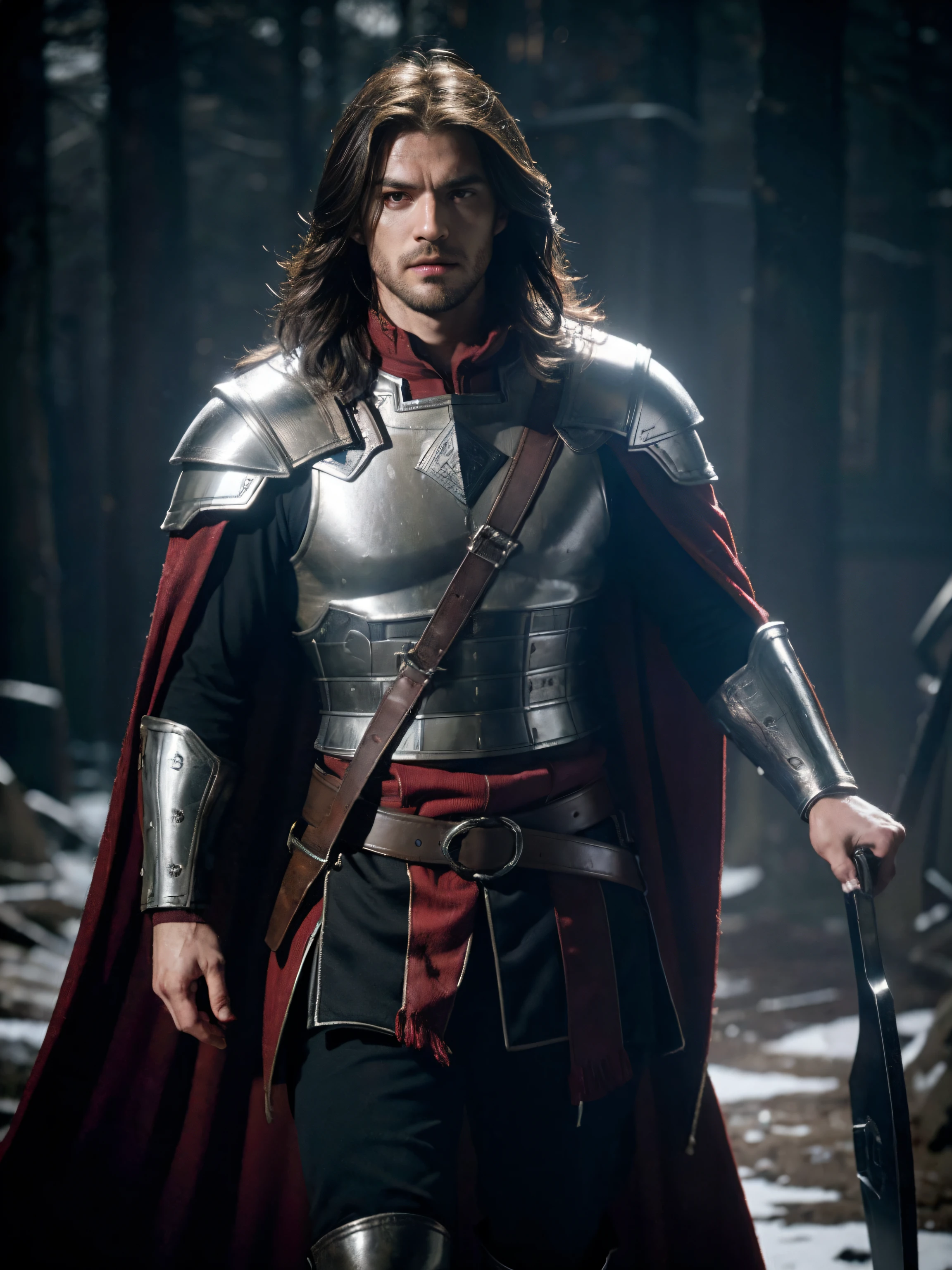 1man, solo, male viking warrior with red helmet and cape, long black hair, angry, extremely handsome young man, silver hour, photorealistic, high contrast, 8k HD, detailed, hyper-detailed, realistic skin texture, blonde hair, huge chest, neckline, best quality, ultra high res, raw photo, dramatic lighting, unreal engine, intricate diffuse glow and silver tab, black cape, battlefield, Standing