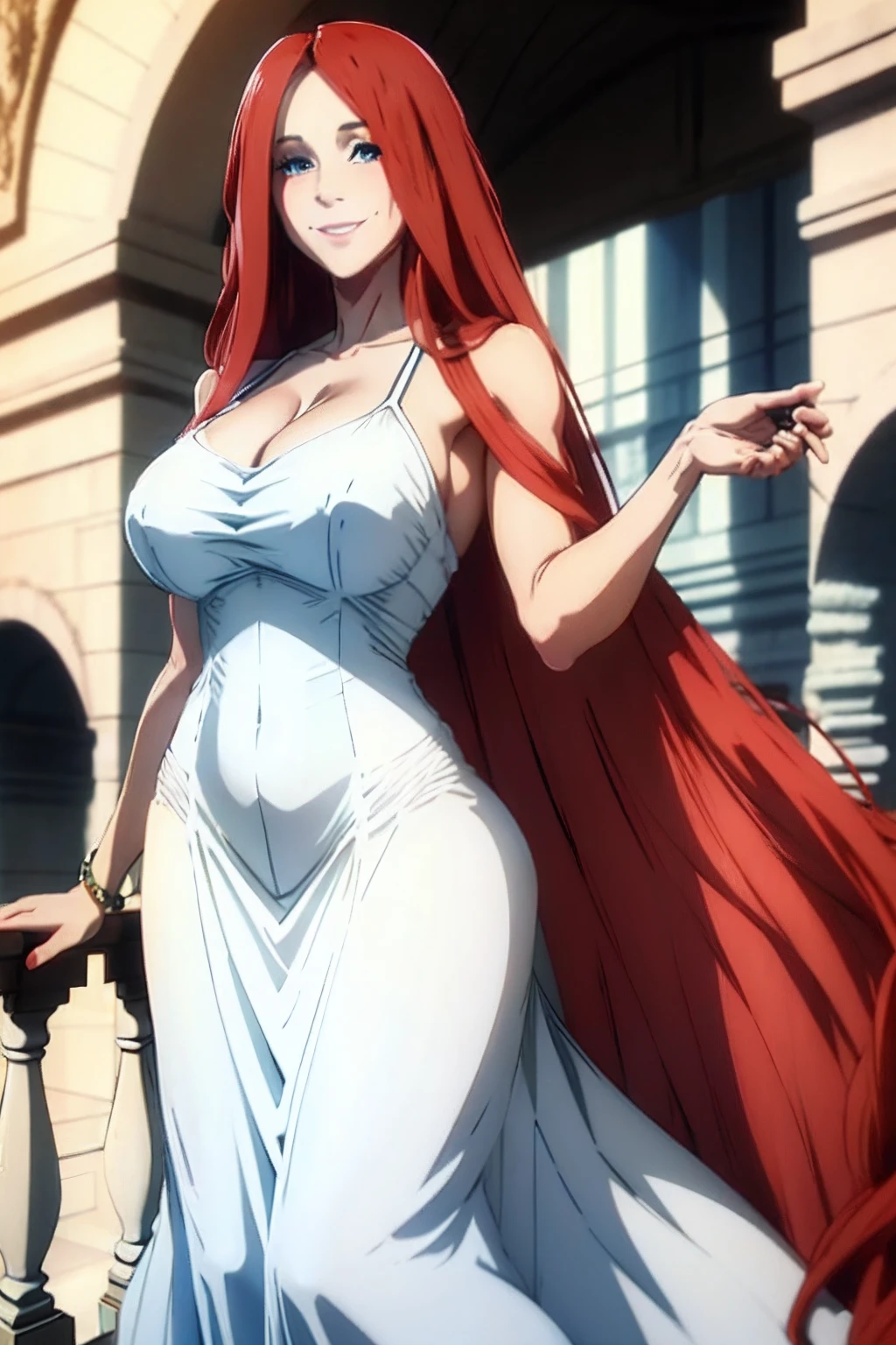 a mature woman with long red hair blue eyes and big breasts wearing a long white dress with a smile