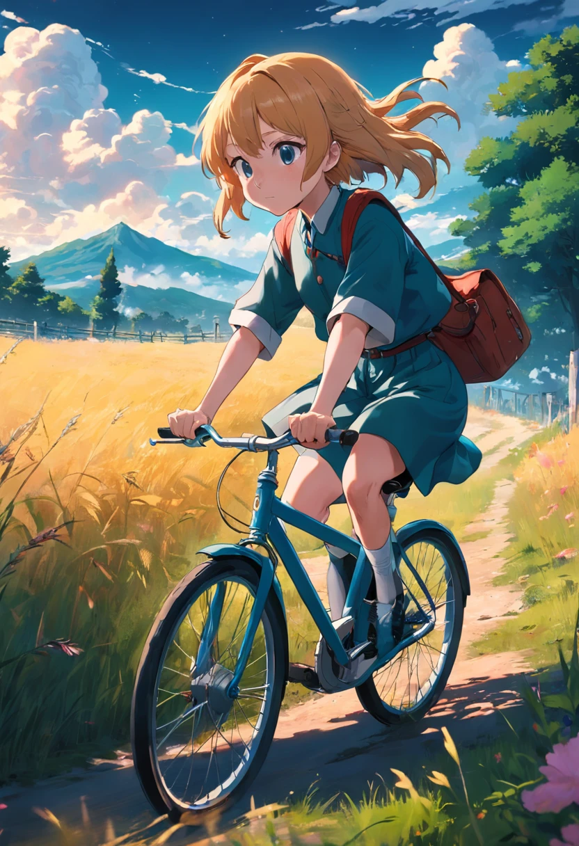 masterpiece, best quality, movie still, footage of the main character riding his bicycle toward a meadow is shown