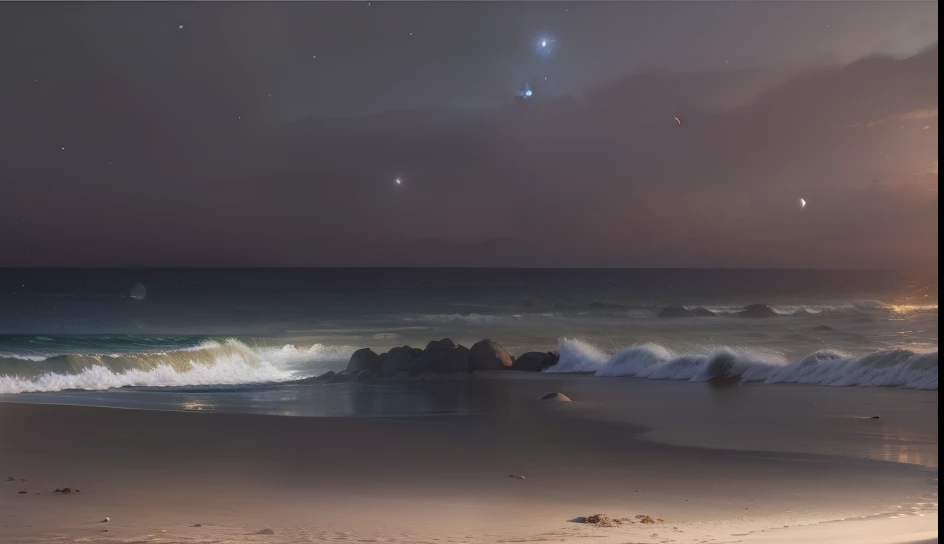 Night landscape at seaside, stars magically shining, moon is magical, sand on seaside, shells in sand, fluorescent algas