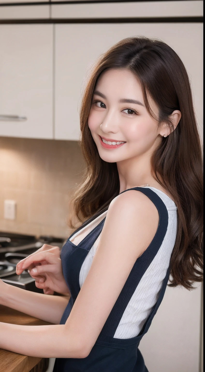 (Best quality, 8k, masterpiece: 1.3), a beautiful woman with perfect figure: 1.4, dark brown hair, wearing a pendant, wearing an apron, in the kitchen, highly detailed face and skin, detailed eyes, double eyelids, big breasts, smile