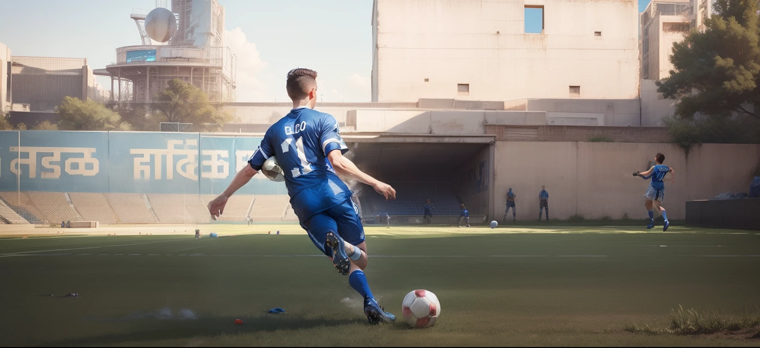 Change background football stadium realistic boy shooting a ball with blue jersey ARCHIT 10