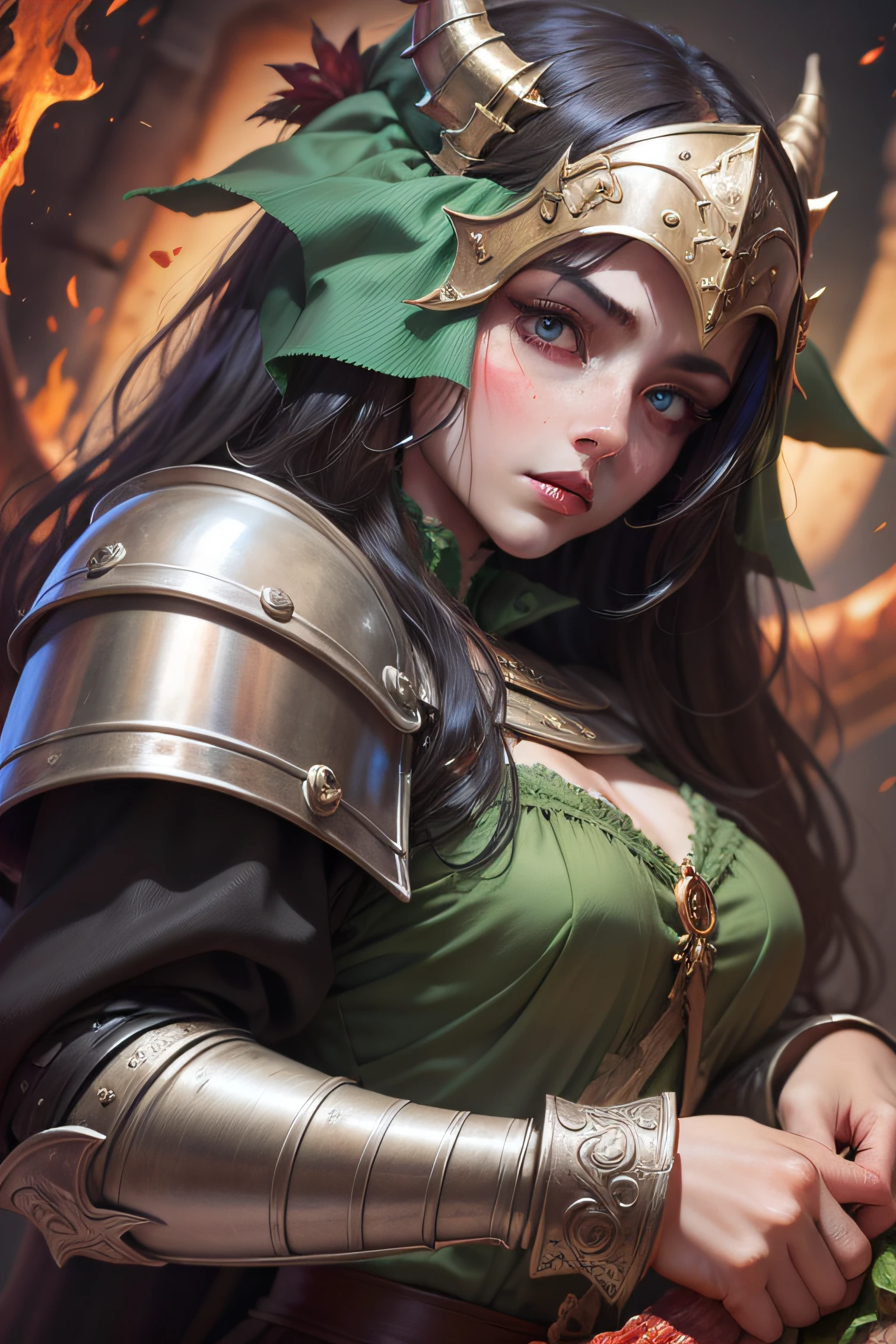 menina caucasiana, com olhos verdes ,dressed in black medieval armor with red holding the head of a dragon that has just died.