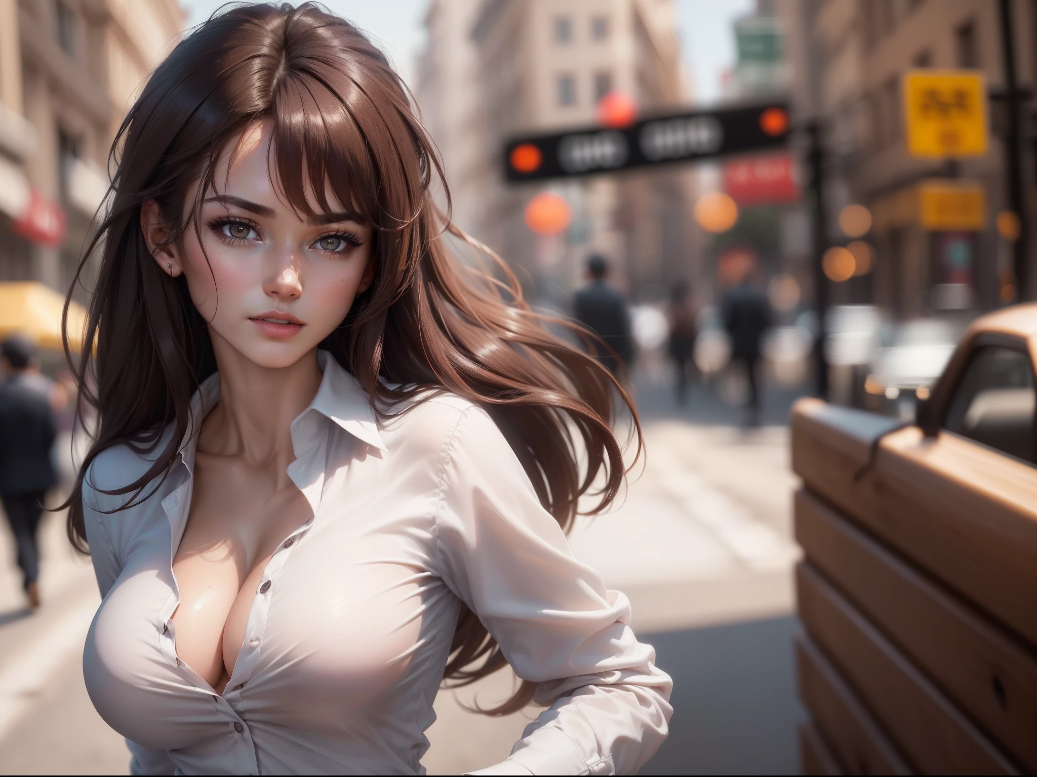 ((Best quality, 8k, Masterpiece :1.3)), Sharp focus :1.2, A pretty woman with perfect figure :1.4, Slender abs :1.2, ((Dark brown hair, Big breasts :1.2)), (White button up long shirt :1.1), City street:1.2, Highly detailed face and skin texture, Detailed eyes, Double eyelid