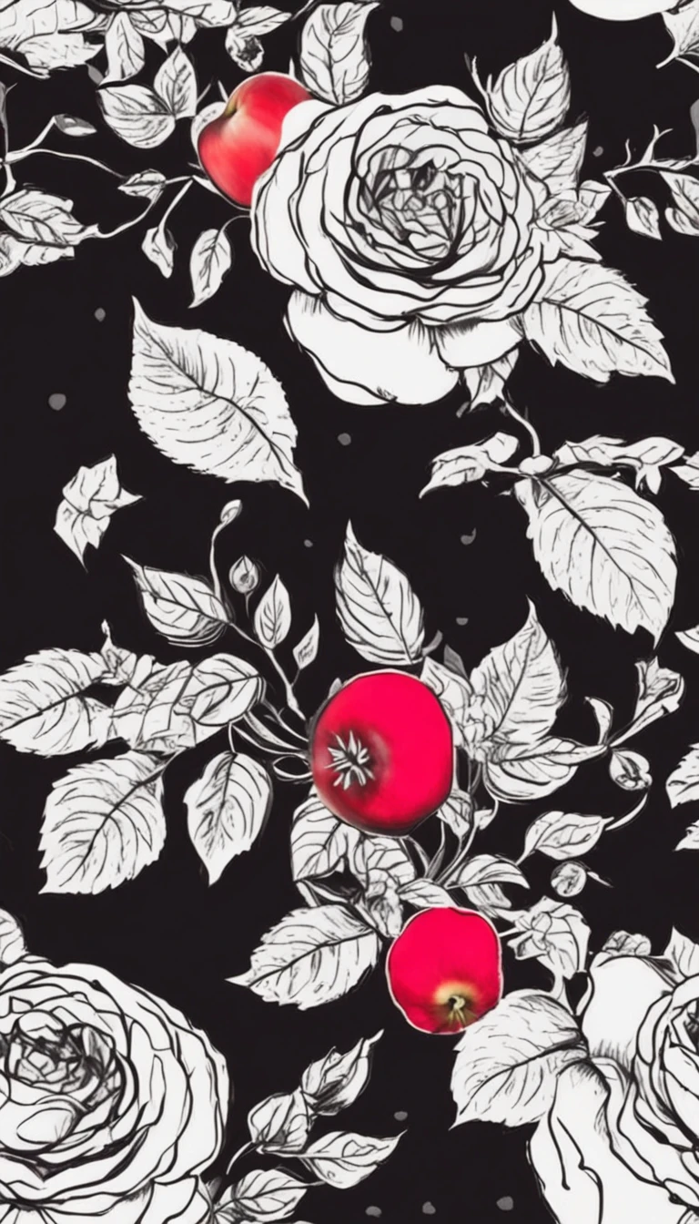red apple and black roses, black-dark purple background
