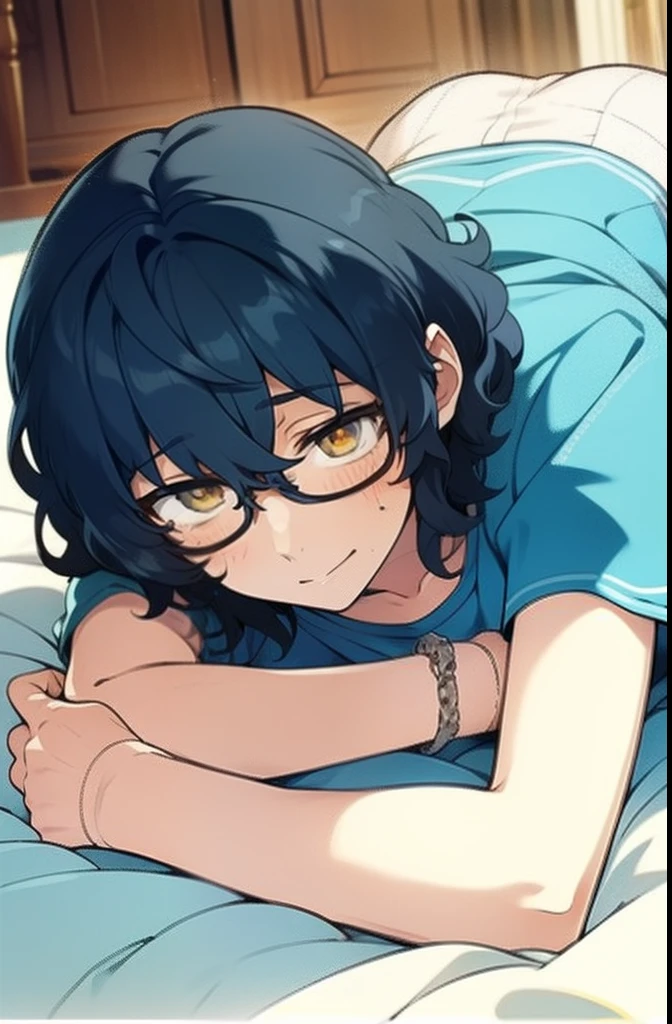 young girl, young girl with  short hair, light blue hair stroke, glasses, golden eyes, young girl , wearing a black pajama, frown, blush, solo girl, dark blue hair, wavy short hair, tousled hair, solo girl, girl focus, 1girl, flat girl, blushing, crying, tears, tummy ache, holding tummy, hand on tummy, fetal position, fetal lying, fetal pose, holding tummy, bandahes, bandages on arms, blood, blood on arms, bloody hands