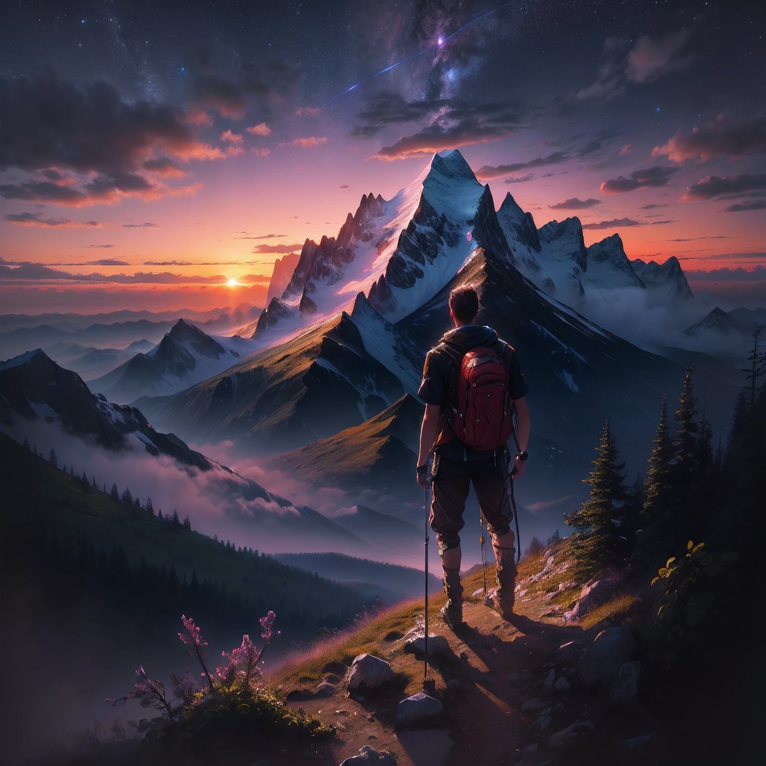 mountains with a man standing on a mountain top looking at the sunset, inspired by Michael Komarck, a wanderer on a mountain, 4k highly detailed digital art, 8k stunning artwork, detailed painting 4k, concept art wallpaper 4k