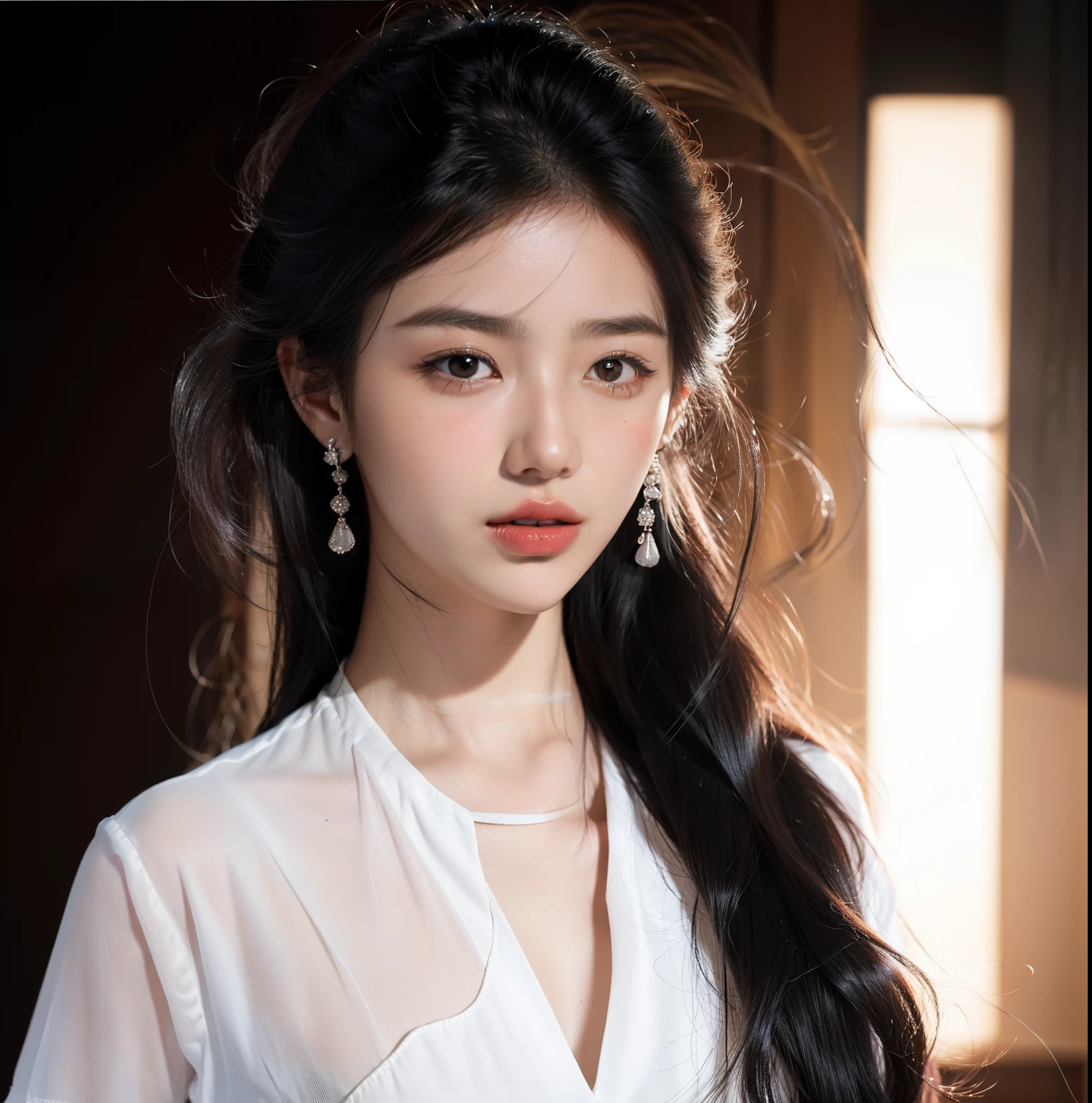 Arafard image of a woman with long black hair and a white shirt, Korean symmetrical face, Gorgeous young Korean woman, Beautiful young Korean woman, Korean face features, young lovely Korean faces, beautiful Korean women, south east asian with round face, Korean girl, Korean woman, beautiful aesthetic face, Soft portrait shot 8 K, Asian Beauty Face is surrounded by red roses,Contrast with white clothes