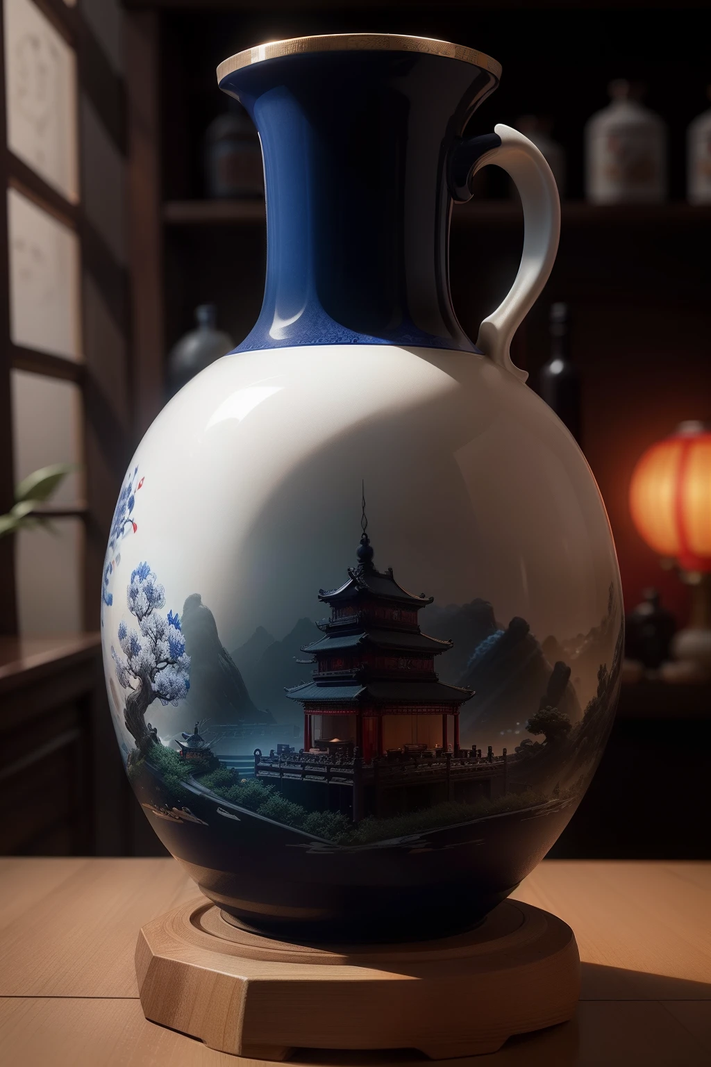 (China Jingdezhen porcelain bottle design :1.2), knollingcase, Display case, (labeled:1.2), Covered with, OLED display, (annotated:1.2), (annotations:1.2), technical, Knolling, (Diagram:1.2),Technical drawing, Dramatic lighting, octane, microscopic details, Glow, degrees of freedom, Pondering, refractions